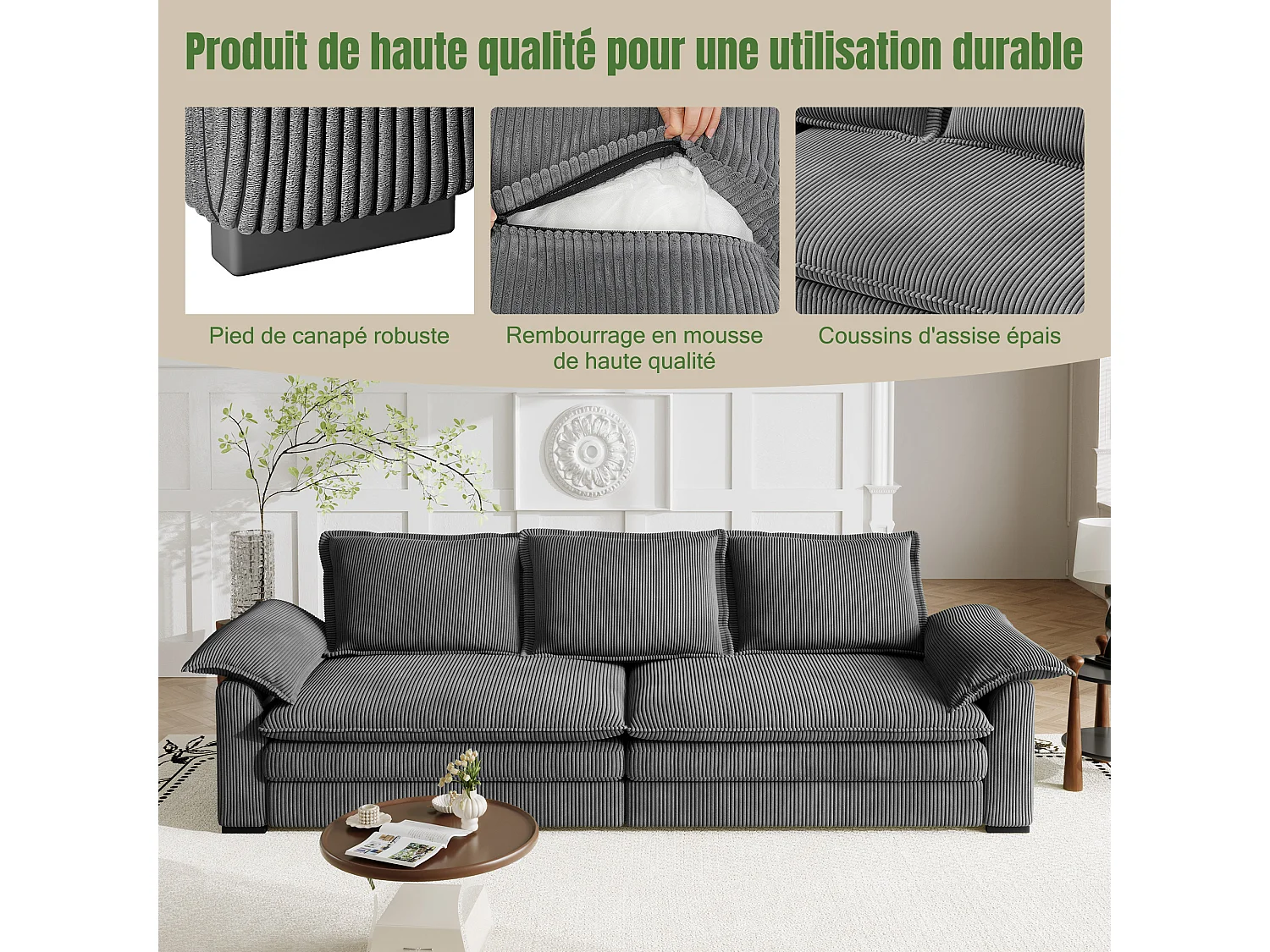 Sofa 3-sitzig in Rippvelours, mit 2 Armlehnkissen, abnehmbar und waschbar, 265x86x88cm, Grau