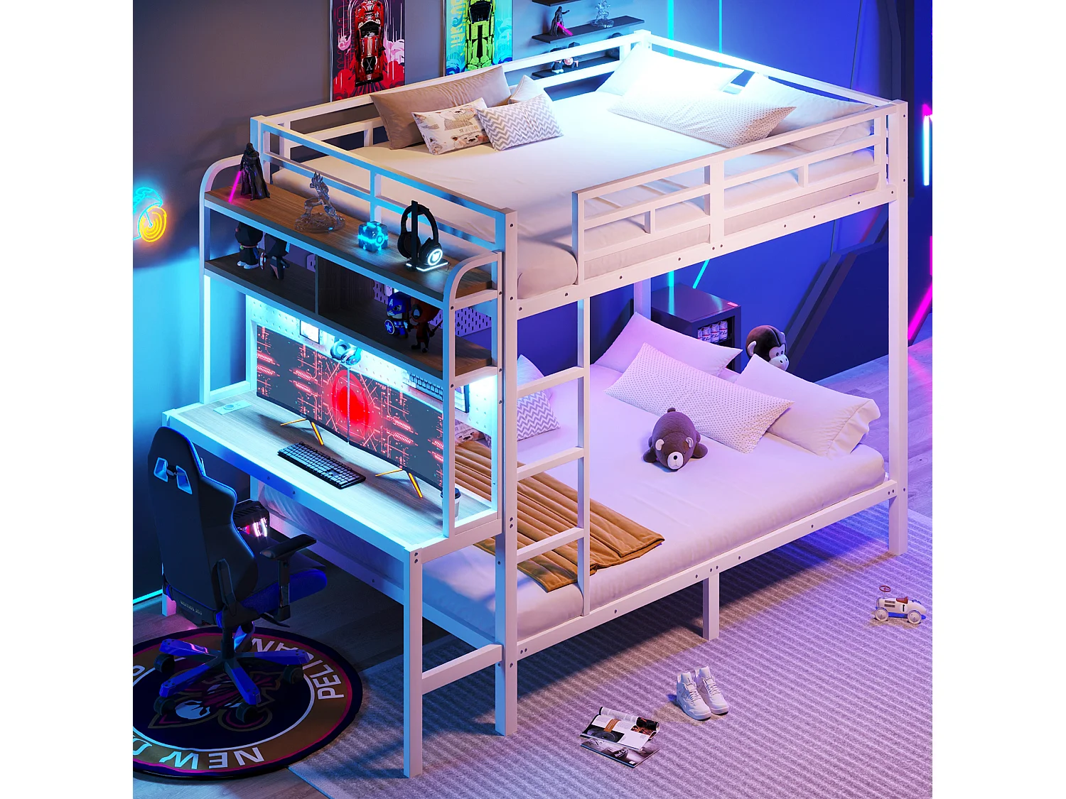 Łóżko piętrowe 140x200 cm - z przegródkami do przechowywania - z biurkiem - z oświetleniem LED - z portem USB - biały​ (materac nie jest wliczony w cenę)