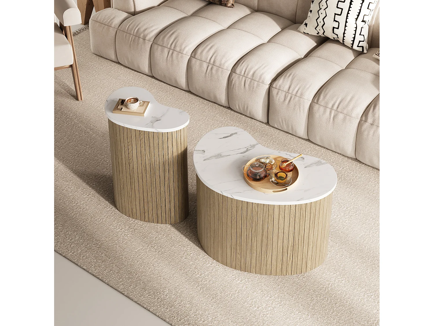 Set aus 2 modernen Couchtischen - Marmorstruktur - Holzoptik - Unregelmäßiges Design - MDF - Natur