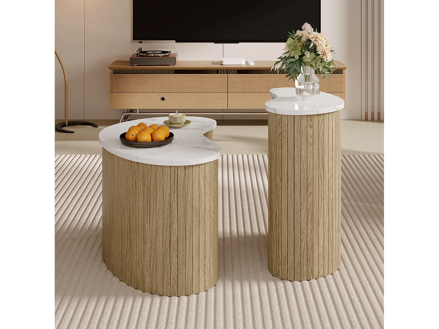 Set aus 2 modernen Couchtischen - Marmorstruktur - Holzoptik - Unregelmäßiges Design - MDF - Natur