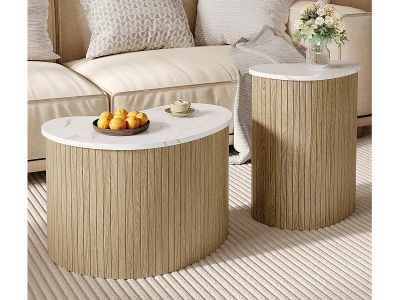 Set aus 2 modernen Couchtischen - Marmorstruktur - Holzoptik - Unregelmäßiges Design - MDF - Natur