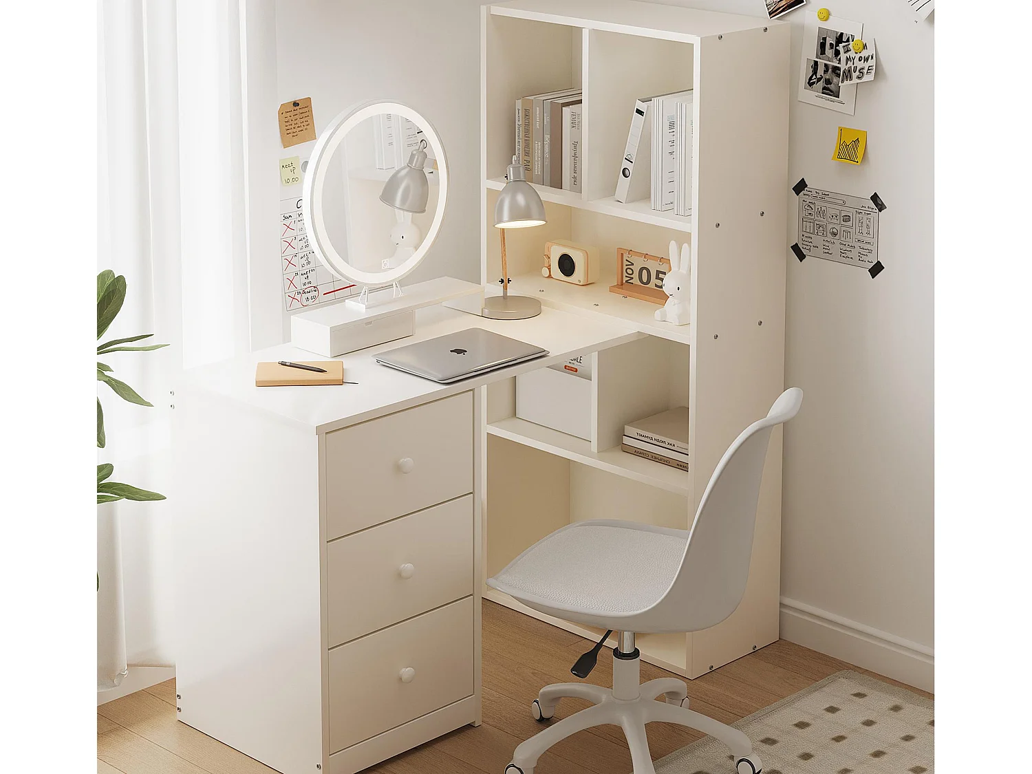 Bureau d'angle 117x63x135 cm - avec compartiment de rangement - 3 tiroirs - blanc