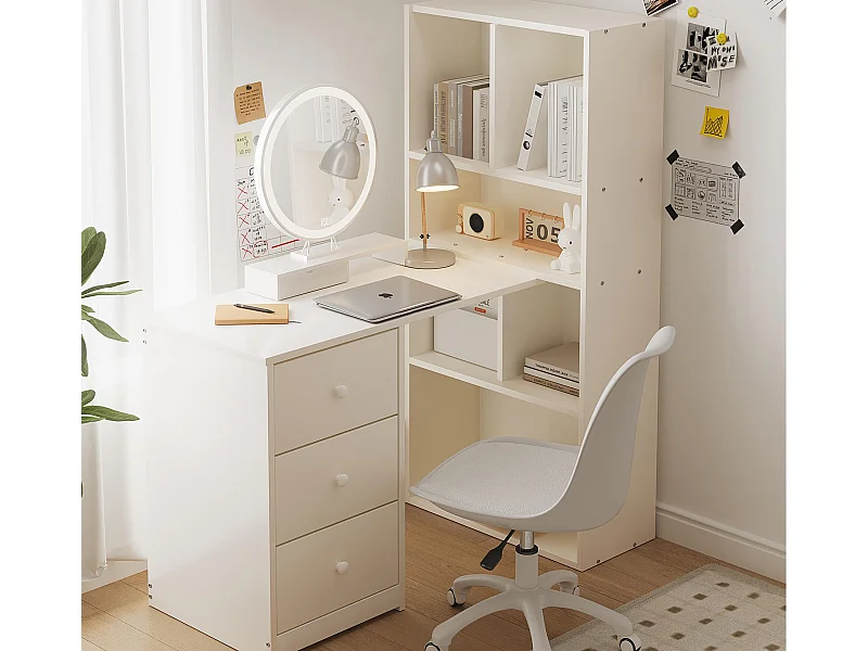 Bureau d'angle 117x63x135 cm - avec compartiment de rangement - 3 tiroirs - blanc