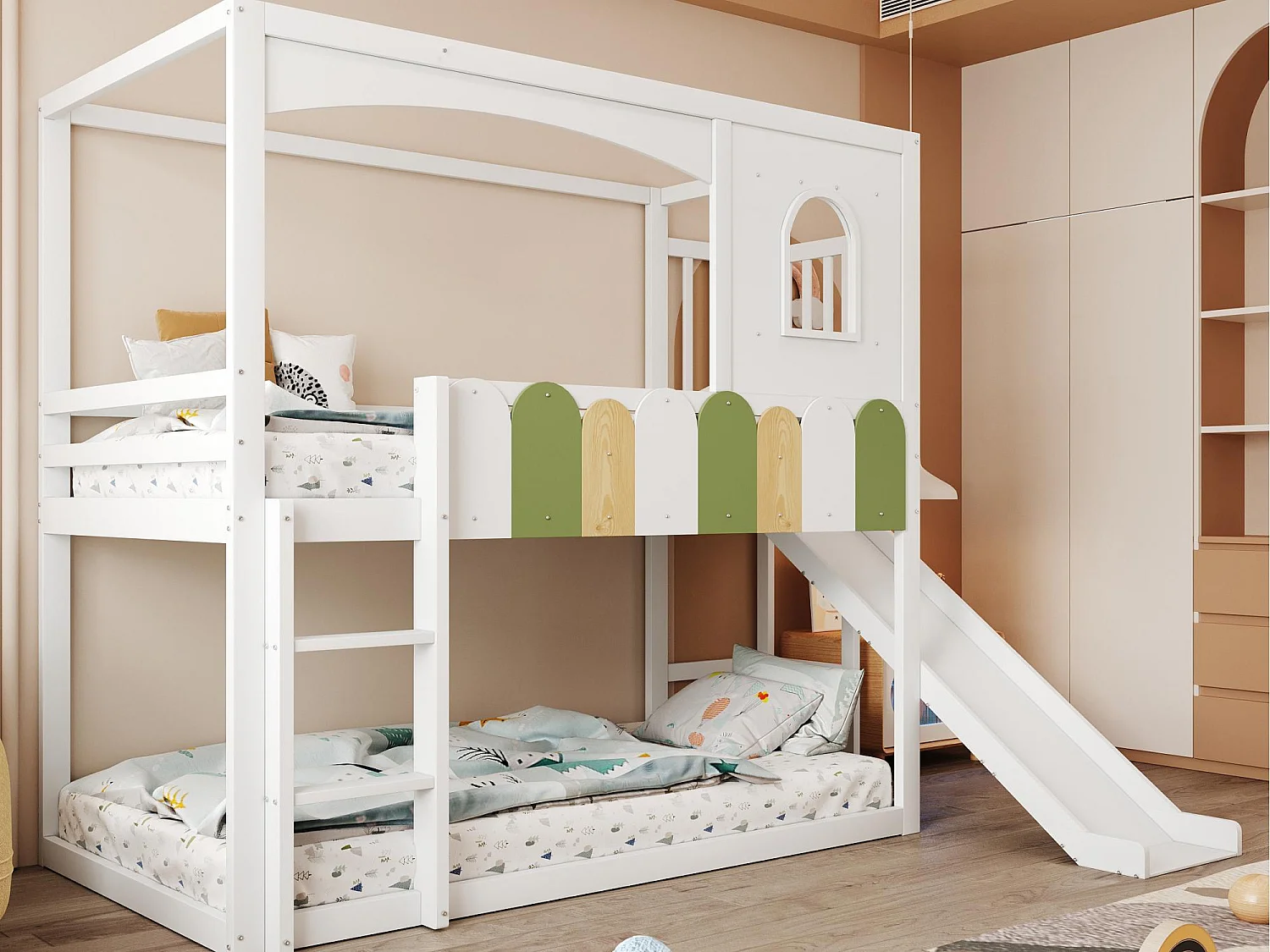 Lit superposé enfant 90x200 cm - avec barrières de sécurité - avec toboggan + échelle de sécurité - blanc (matelas non inclus)