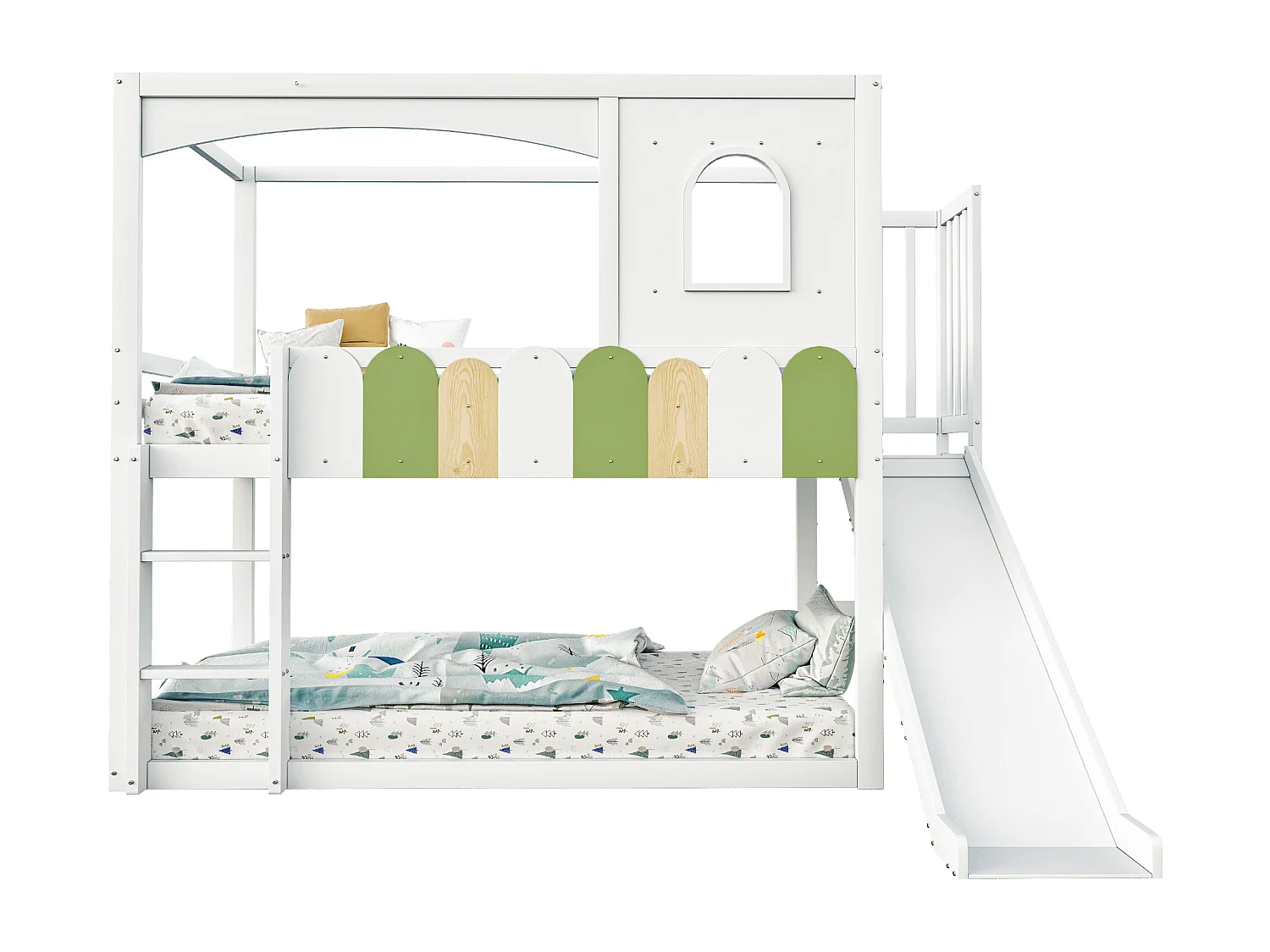 Lit superposé enfant 90x200 cm - avec barrières de sécurité - avec toboggan + échelle de sécurité - blanc (matelas non inclus)