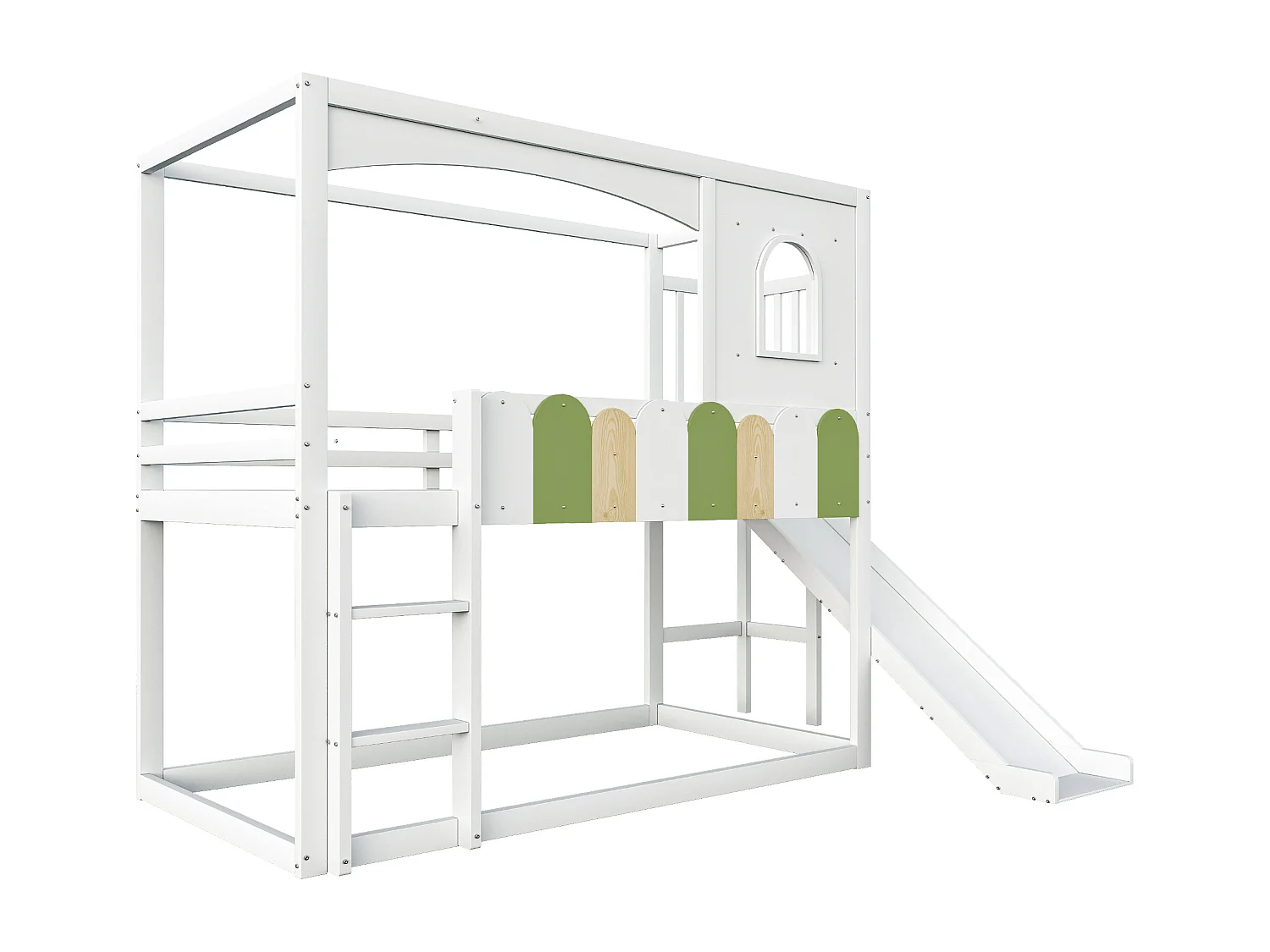 Lit superposé enfant 90x200 cm - avec barrières de sécurité - avec toboggan + échelle de sécurité - blanc (matelas non inclus)