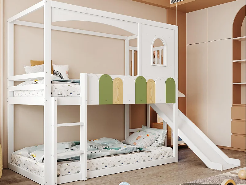 Lit superposé enfant 90x200 cm - avec barrières de sécurité - avec toboggan + échelle de sécurité - blanc (matelas non inclus)