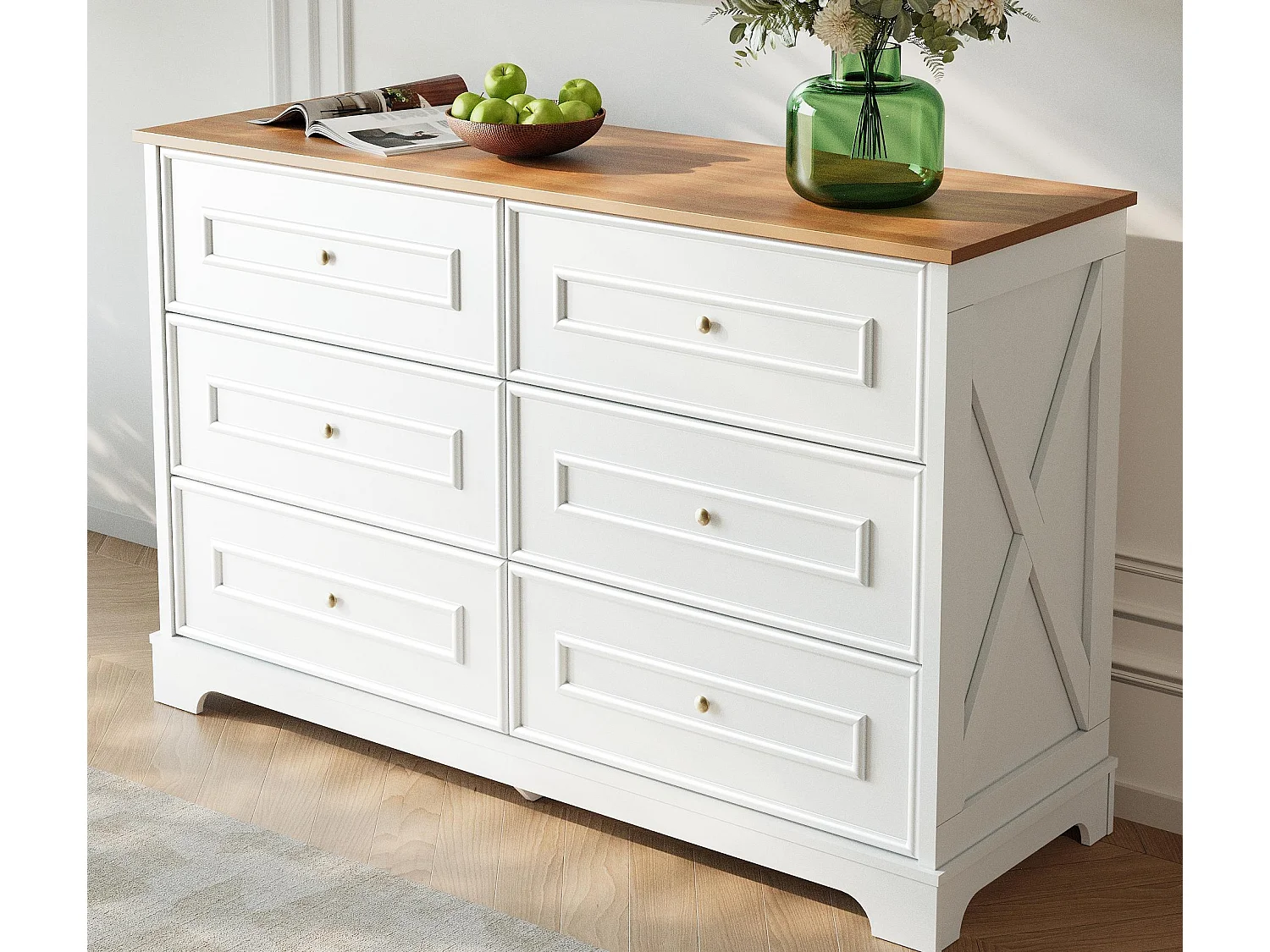 Buffet moderne 120x40x76 cm - 6 tiroirs - Plateau couleur bois - Style campagnard - Blanc + naturel
