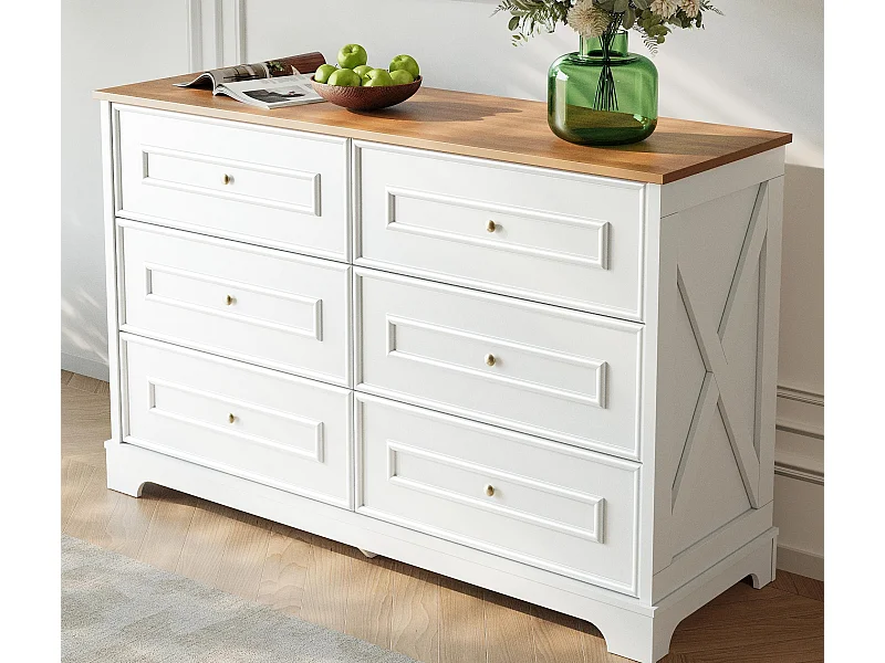 Buffet moderne 120x40x76 cm - 6 tiroirs - Plateau couleur bois - Style campagnard - Blanc + naturel