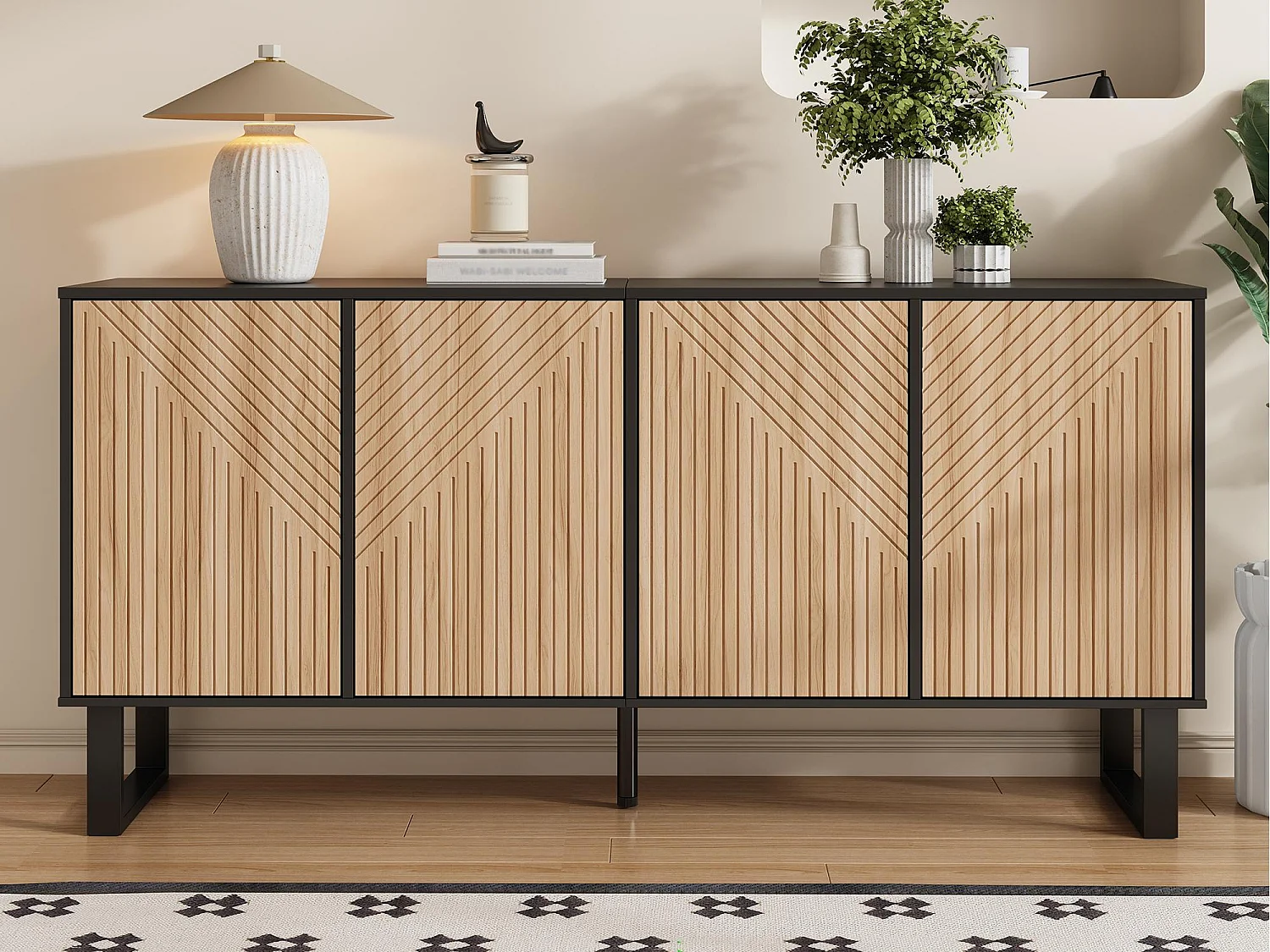Buffet moderne 160x38x75 cm - 4 portes - Motif rayé 3D - Structure en fer - Naturel et noir