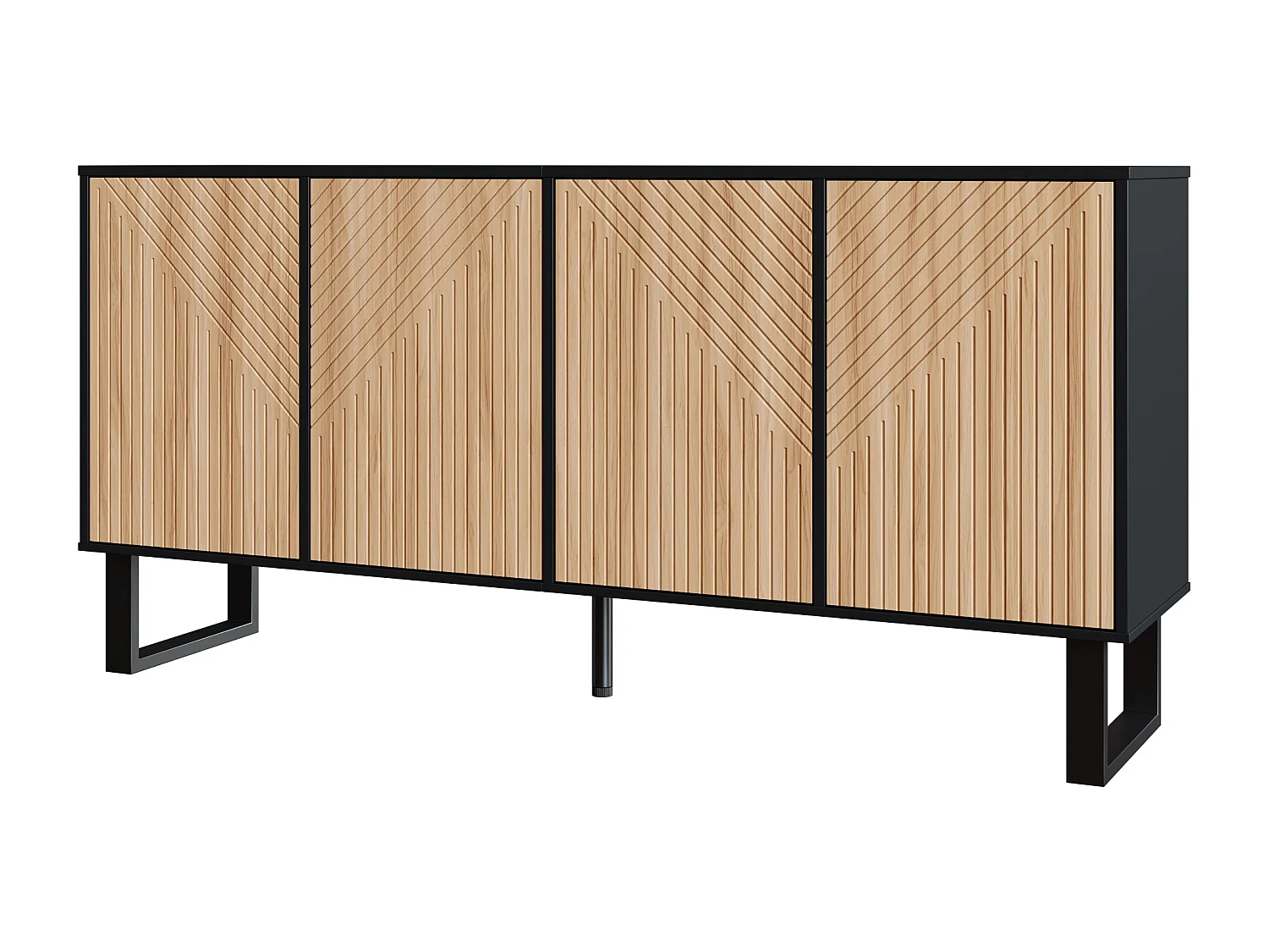 Buffet moderne 160x38x75 cm - 4 portes - Motif rayé 3D - Structure en fer - Naturel et noir