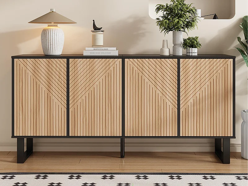 Buffet moderne 160x38x75 cm - 4 portes - Motif rayé 3D - Structure en fer - Naturel et noir