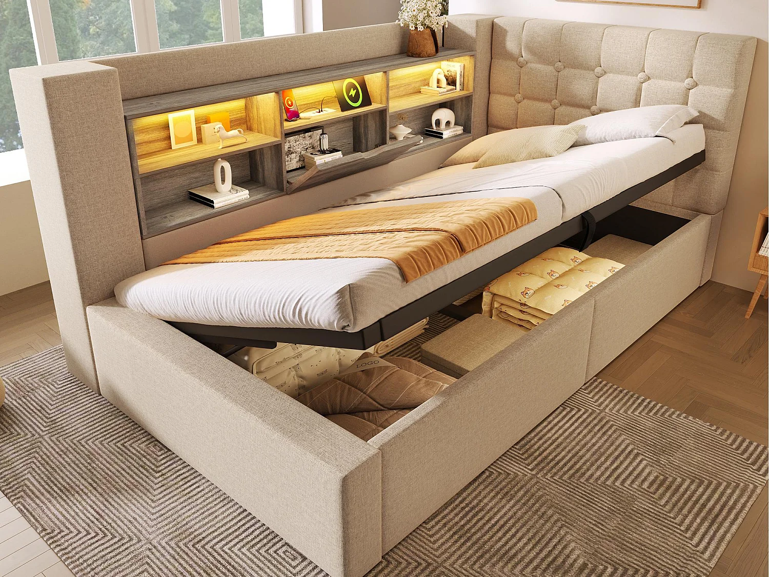 Canapé-lit coffre 90x190cm - avec LED et port de chargement - avec sommier à lattes - tissu de lin - beige (matelas non inclus)