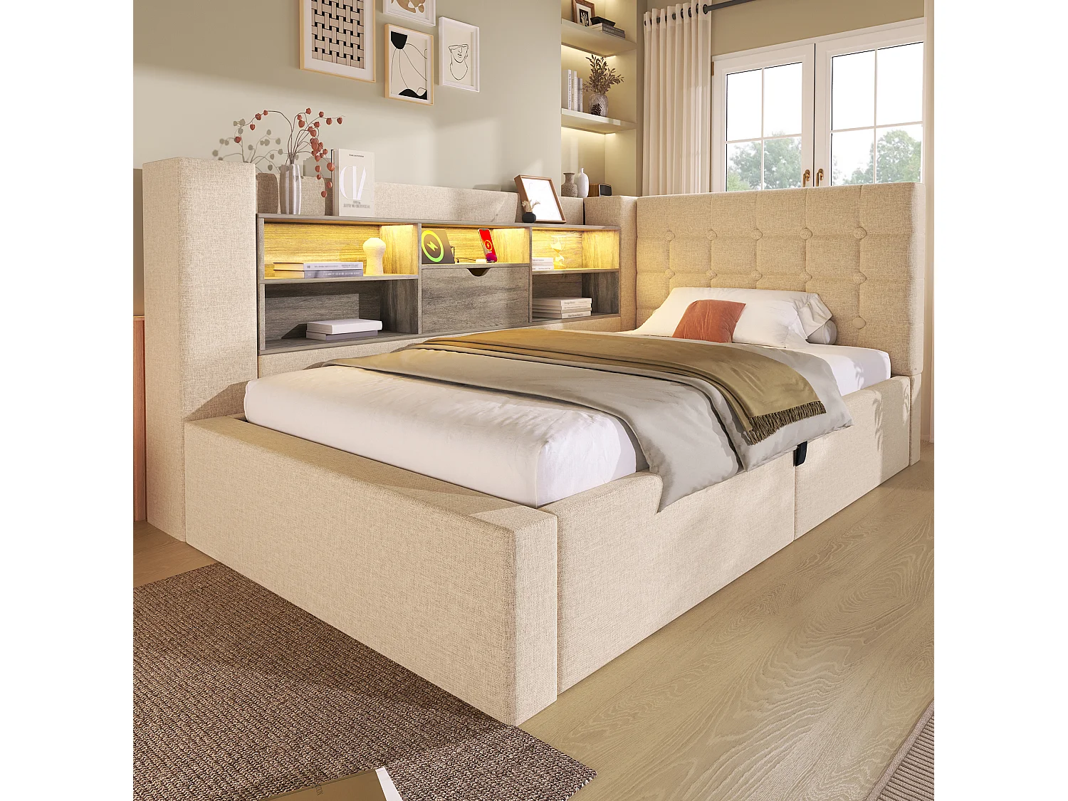 Canapé-lit coffre 90x190cm - avec LED et port de chargement - avec sommier à lattes - tissu de lin - beige (matelas non inclus)