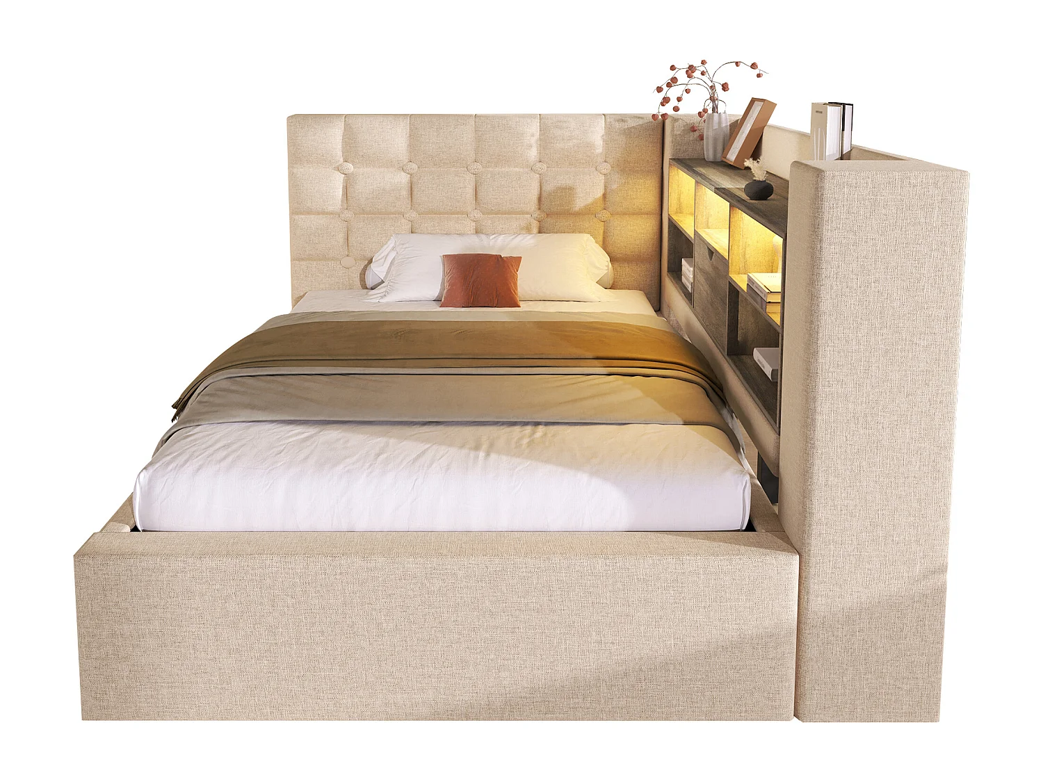 Canapé-lit coffre 90x190cm - avec LED et port de chargement - avec sommier à lattes - tissu de lin - beige (matelas non inclus)