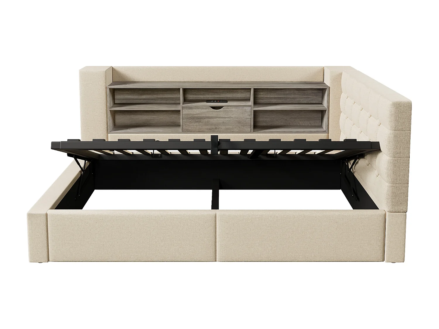 Canapé-lit coffre 90x190cm - avec LED et port de chargement - avec sommier à lattes - tissu de lin - beige (matelas non inclus)