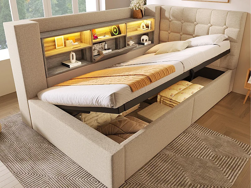 Divano letto contenitore 90x190cm - con LED e porta di ricarica - con rete a doghe - tessuto di lino - beige​ (materasso non incluso)