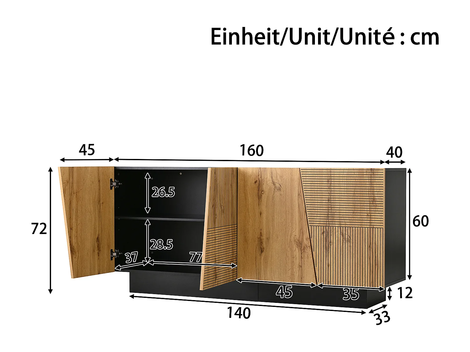 Buffet moderne 160x40x72 cm - avec 4 portes - Étagères réglables - Panneaux de particules - Naturel