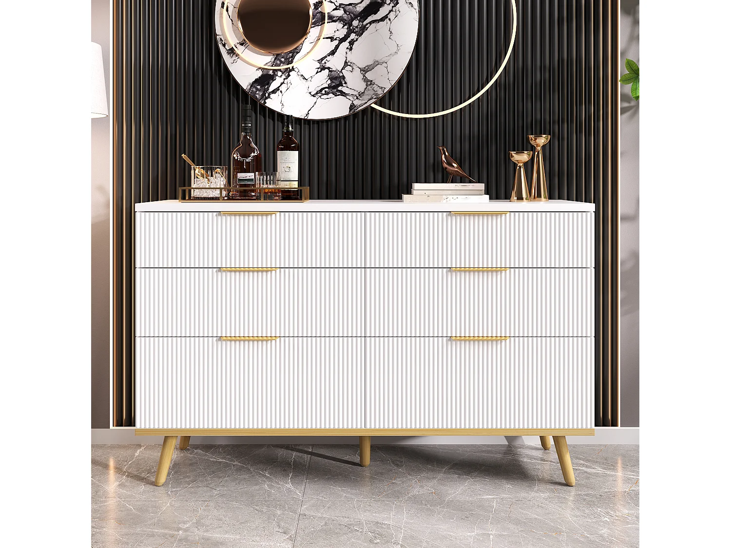 Buffet moderne 120x40x76,5 cm - avec 6 tiroirs - Pieds en bois - Panneaux de particules - Blanc et doré