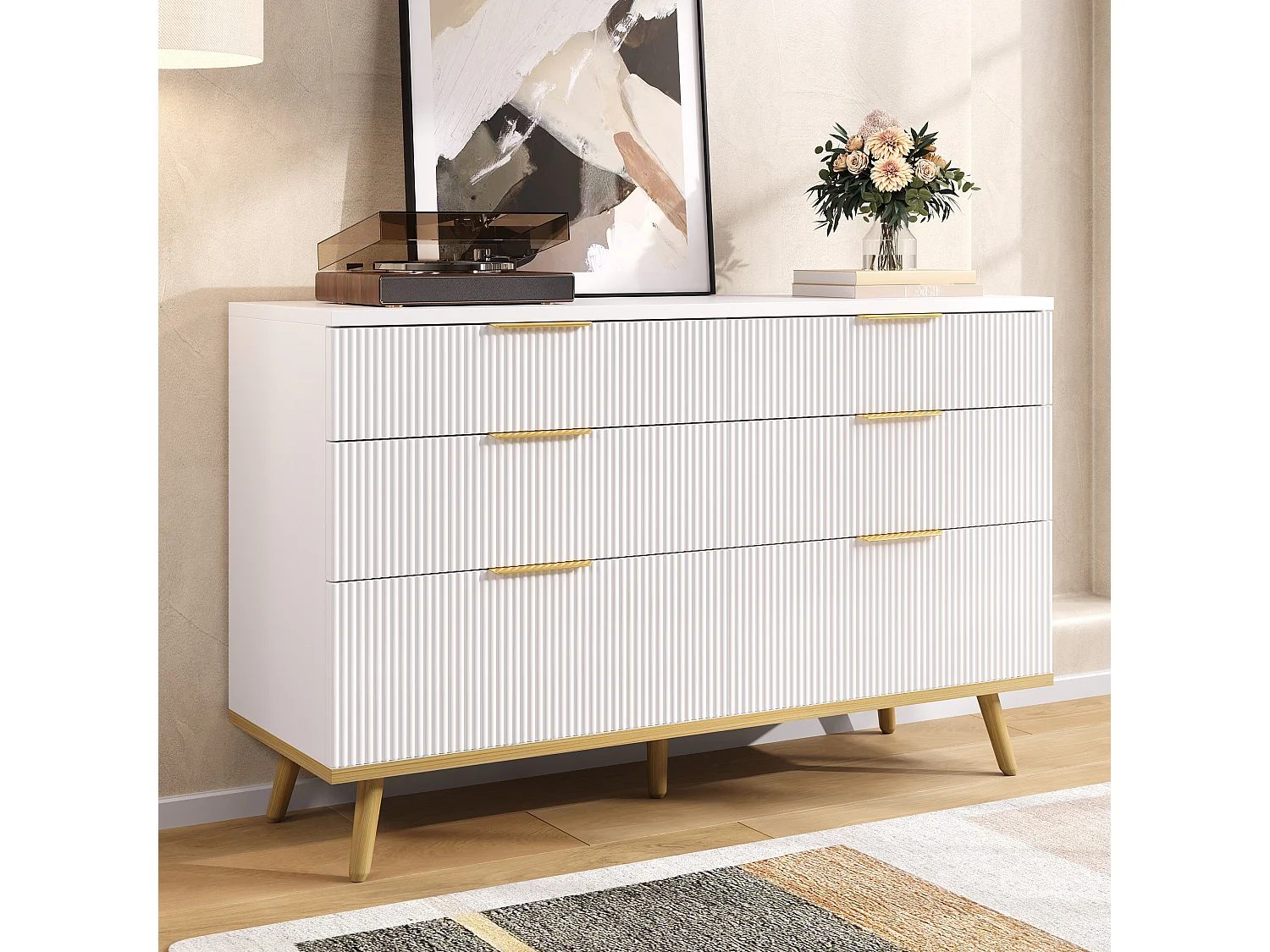 Buffet moderne 120x40x76,5 cm - avec 6 tiroirs - Pieds en bois - Panneaux de particules - Blanc et doré