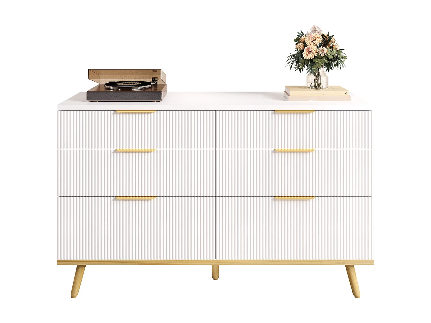 Buffet moderne 120x40x76,5 cm - avec 6 tiroirs - Pieds en bois - Panneaux de particules - Blanc et doré