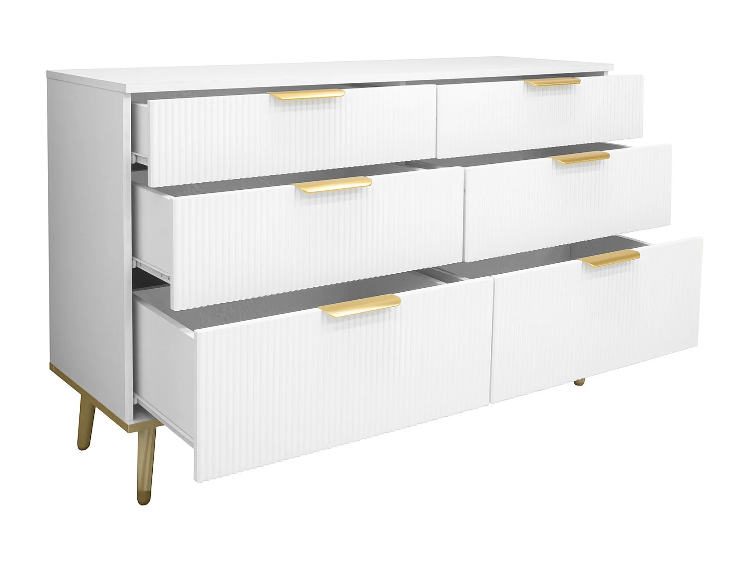 Buffet moderne 120x40x76,5 cm - avec 6 tiroirs - Pieds en bois - Panneaux de particules - Blanc et doré