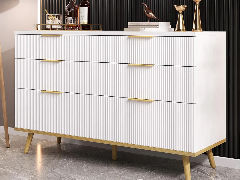 Modernes Buffet 120x40x76,5 cm - mit 6 Schubladen - Holzfüße - Spanplatten - Weiß und Gold