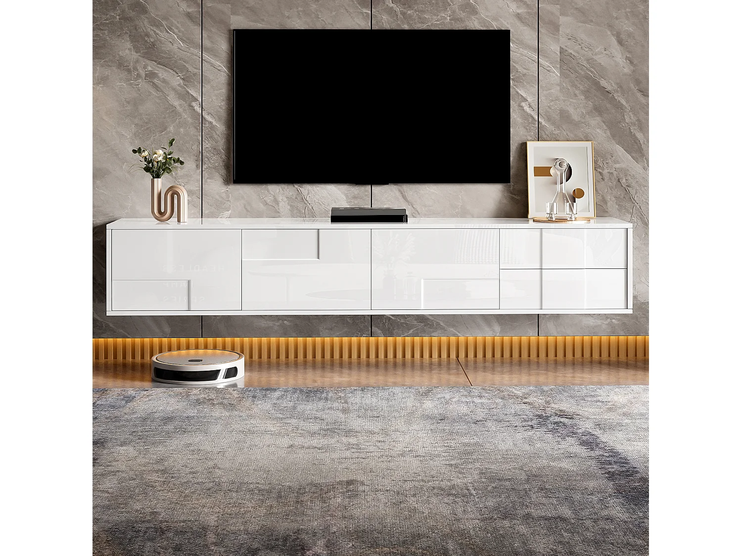 Nowoczesne meble TV 170x30x30,5 cm - Montaż ścienny lub na nogach - Wykończenie błyszczące - 3 drzwi i 2 szuflady - Biały