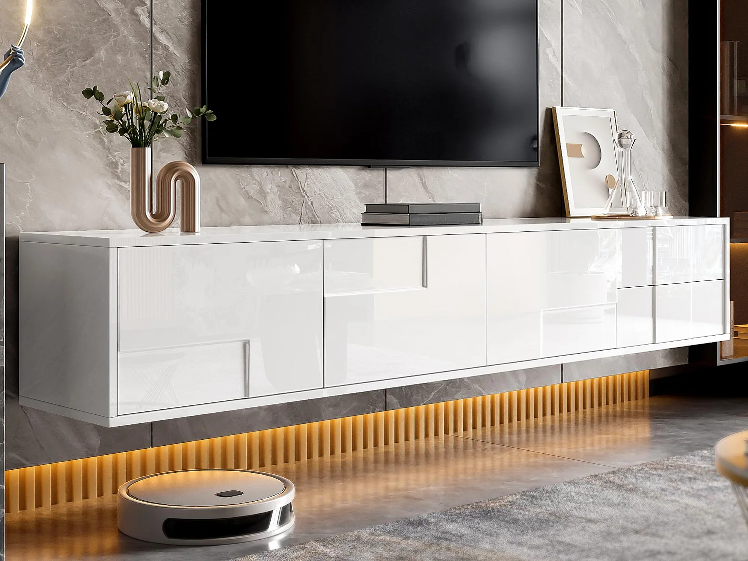 Nowoczesne meble TV 170x30x30,5 cm - Montaż ścienny lub na nogach - Wykończenie błyszczące - 3 drzwi i 2 szuflady - Biały