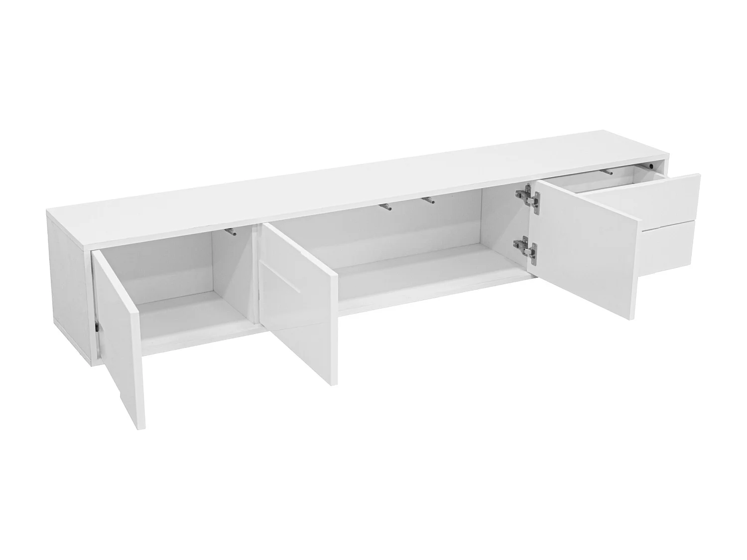 Nowoczesne meble TV 170x30x30,5 cm - Montaż ścienny lub na nogach - Wykończenie błyszczące - 3 drzwi i 2 szuflady - Biały