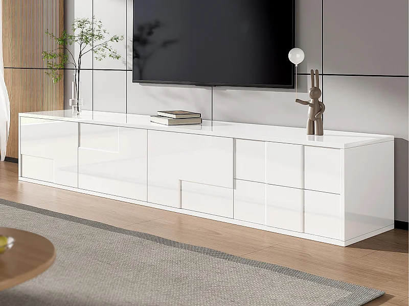 Moderner TV-Schrank 170x30x30,5 cm - Wandmontage oder mit Füßen - Hochglanzfinish - 3 Türen und 2 Schubladen - Weiß