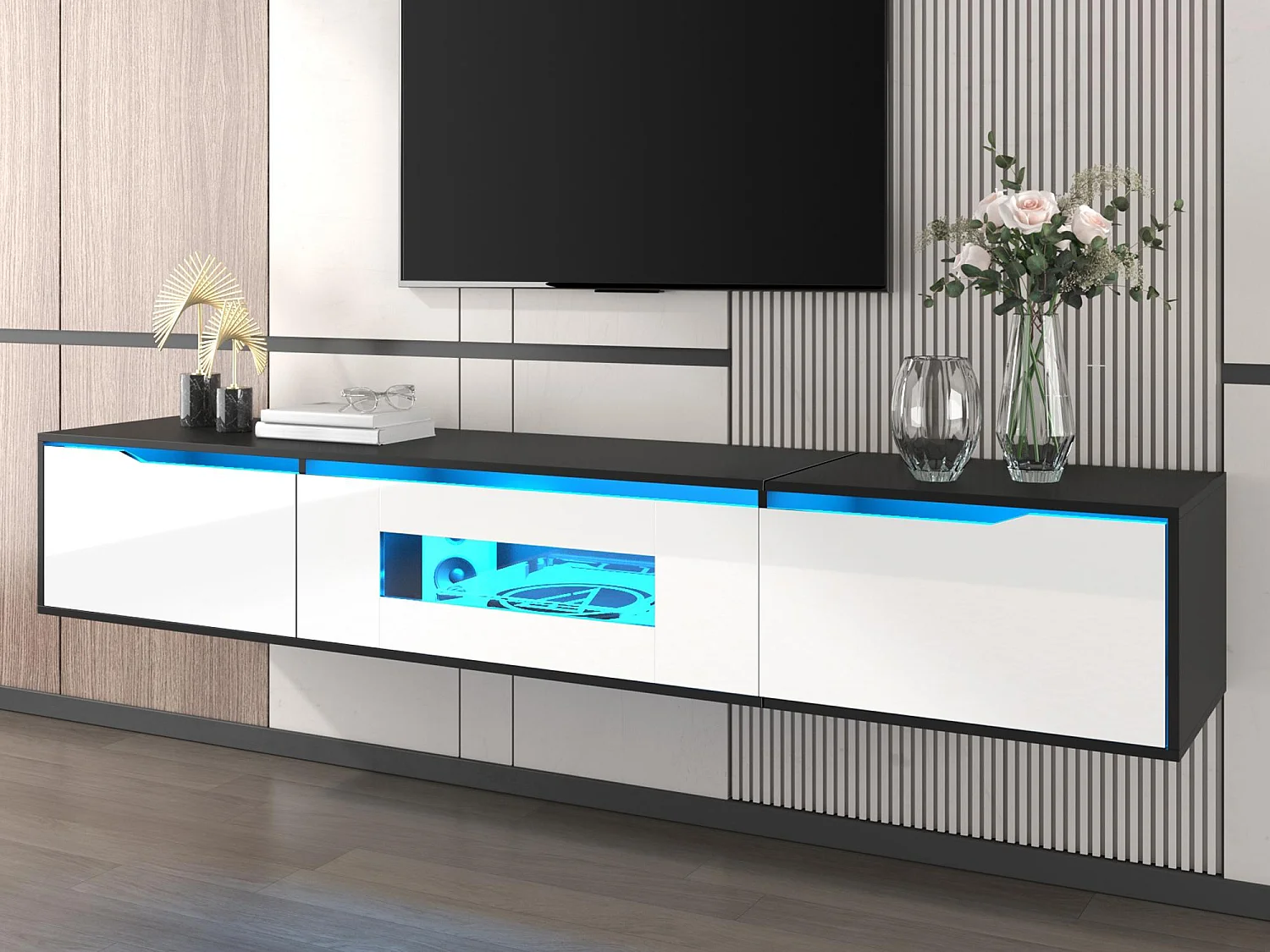 Moderner TV-Schrank 180x35x30cm - Wandmontage / Auf Füßen - Mit LED-Beleuchtung und USB-Anschlüssen - MDF - Schwarz + Weiß