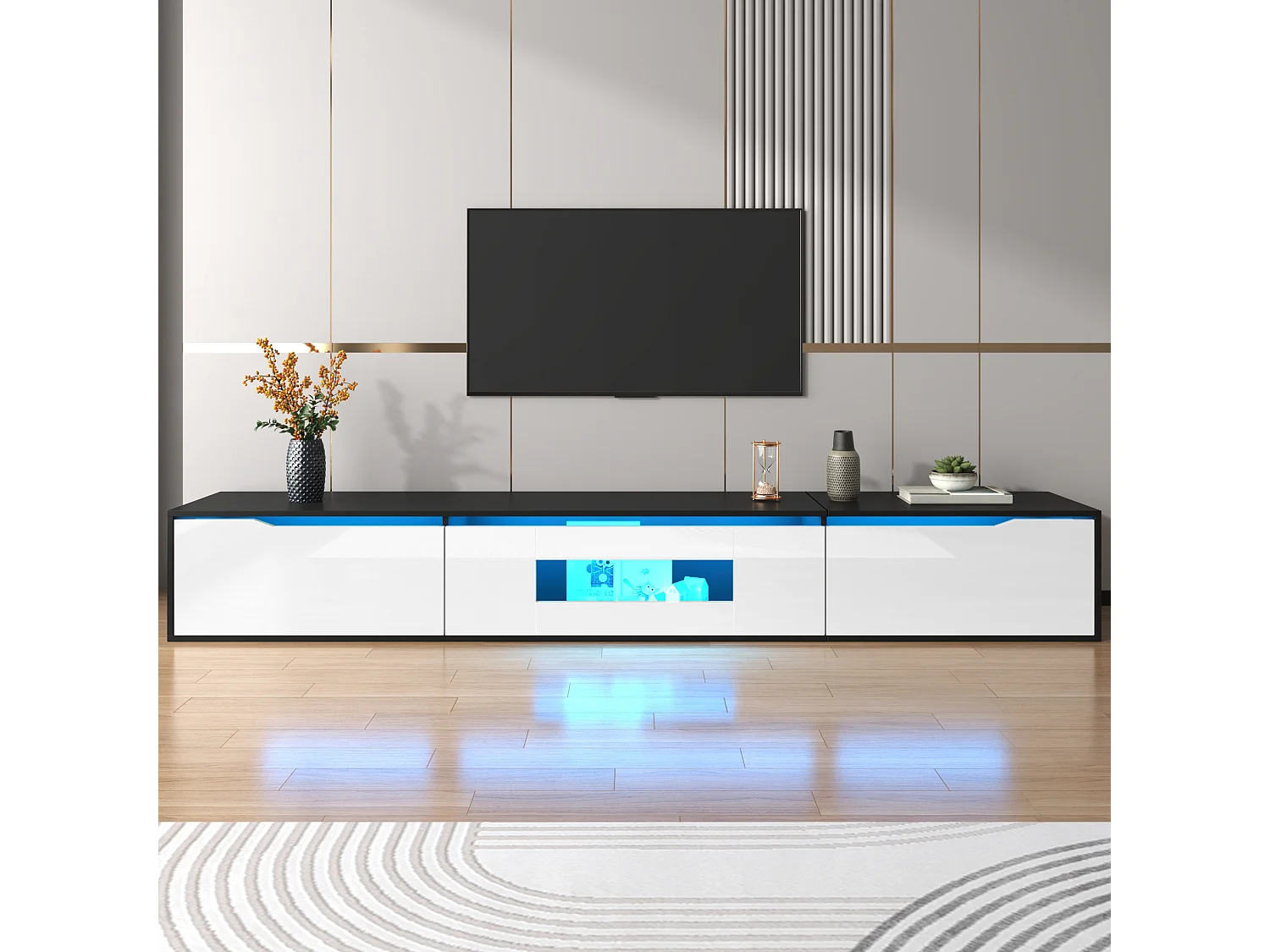 Moderner TV-Schrank 180x35x30cm - Wandmontage / Auf Füßen - Mit LED-Beleuchtung und USB-Anschlüssen - MDF - Schwarz + Weiß