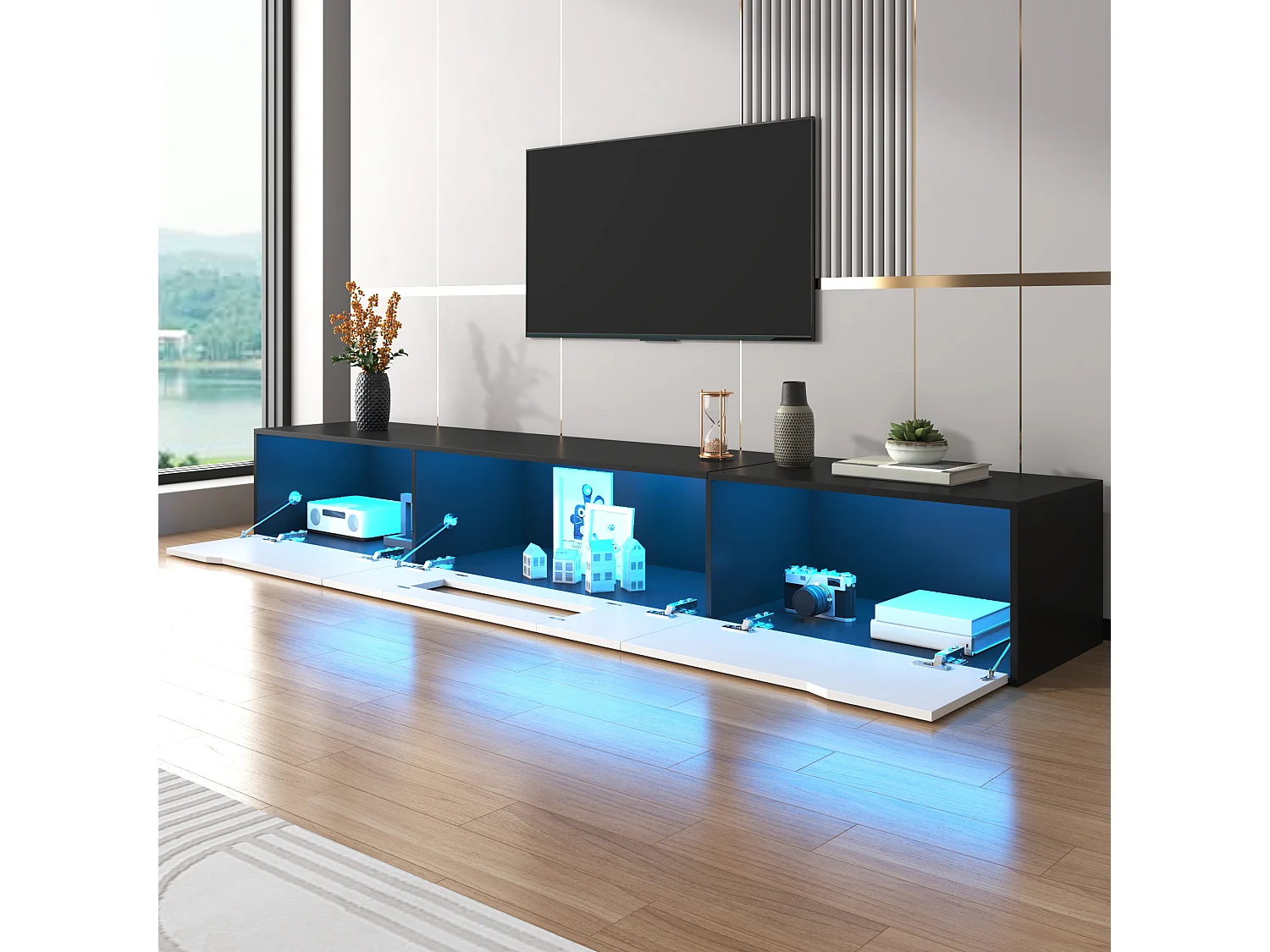 Moderner TV-Schrank 180x35x30cm - Wandmontage / Auf Füßen - Mit LED-Beleuchtung und USB-Anschlüssen - MDF - Schwarz + Weiß