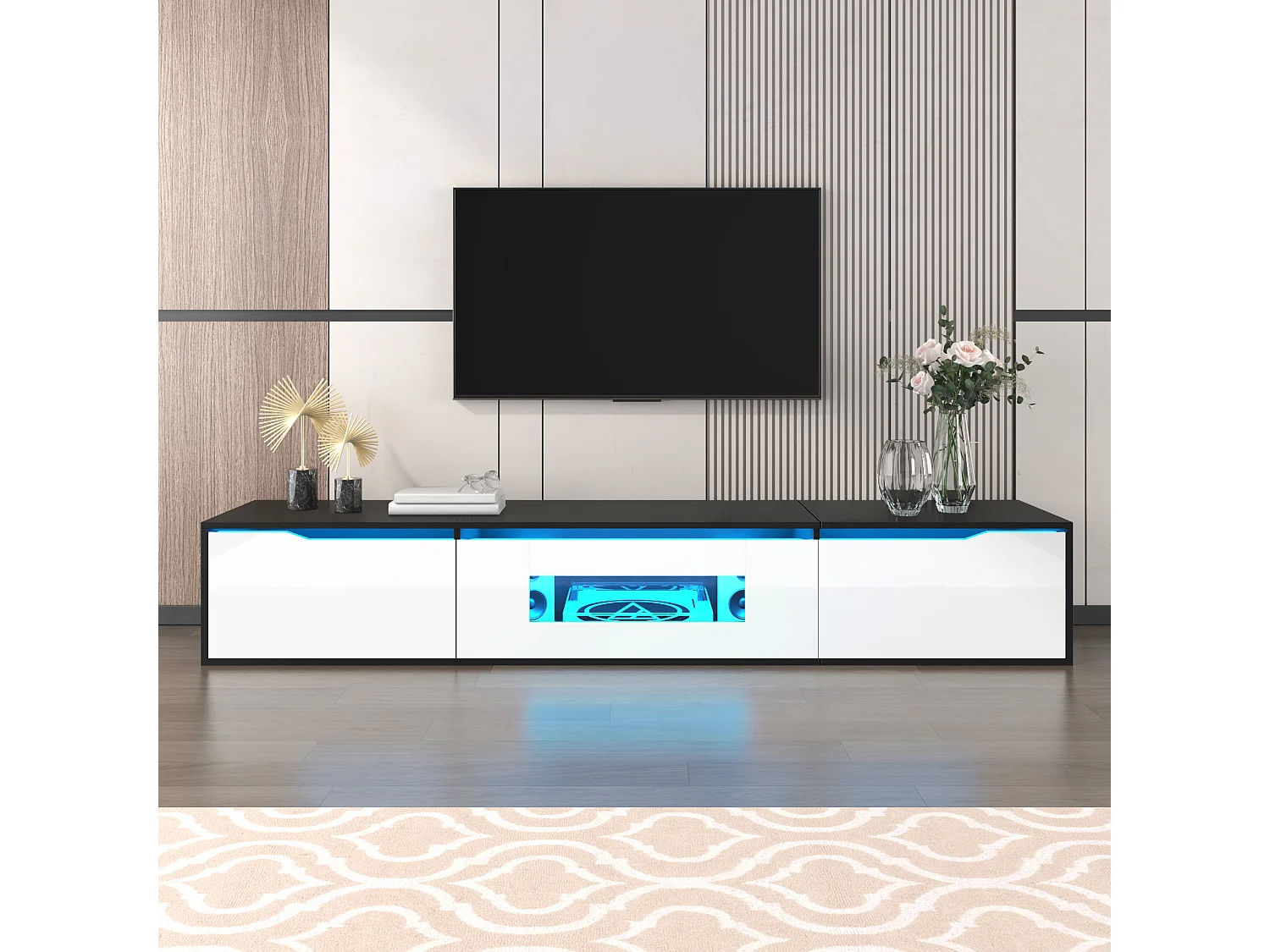 Moderner TV-Schrank 180x35x30cm - Wandmontage / Auf Füßen - Mit LED-Beleuchtung und USB-Anschlüssen - MDF - Schwarz + Weiß
