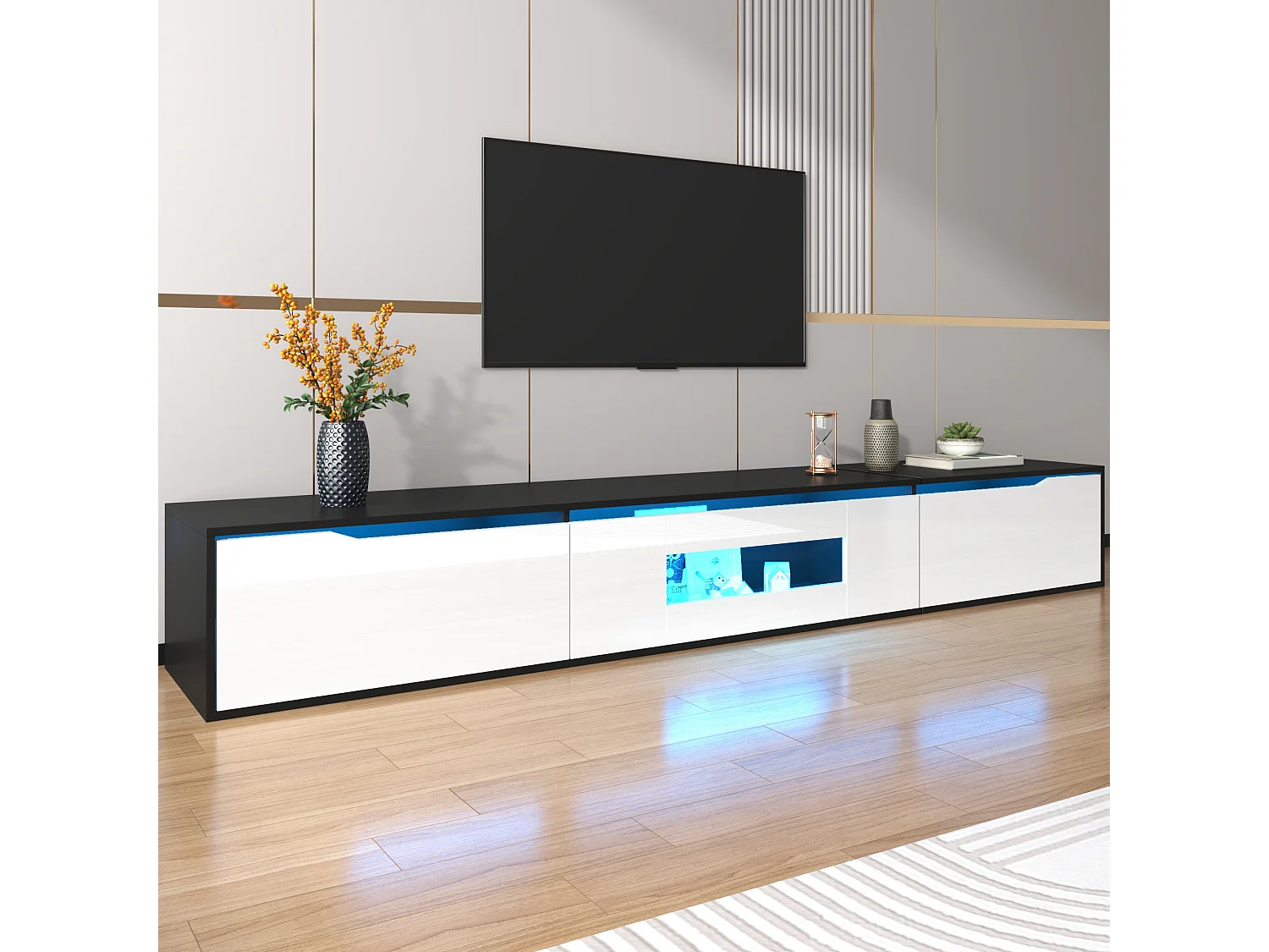 Moderner TV-Schrank 180x35x30cm - Wandmontage / Auf Füßen - Mit LED-Beleuchtung und USB-Anschlüssen - MDF - Schwarz + Weiß