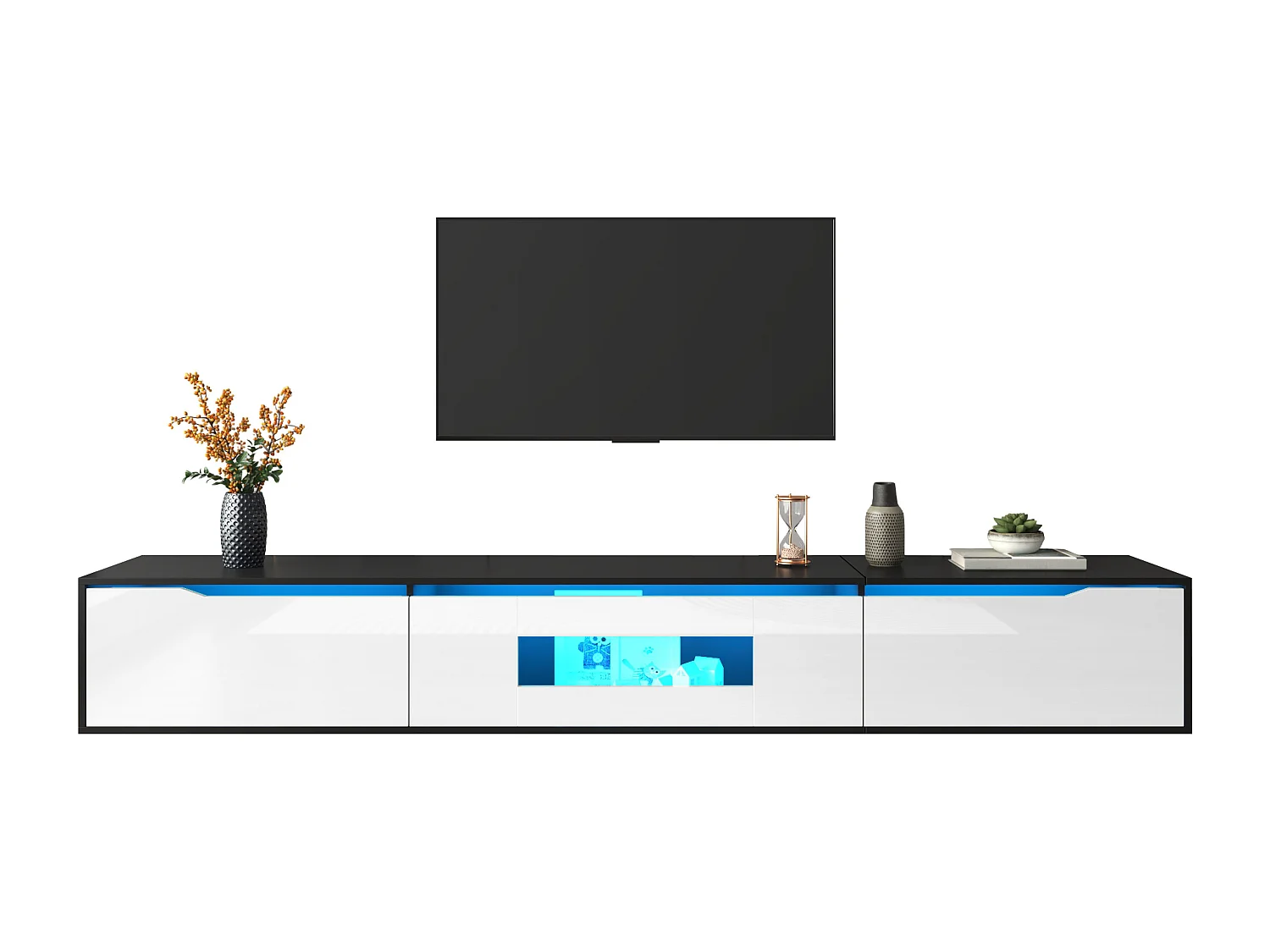 Moderner TV-Schrank 180x35x30cm - Wandmontage / Auf Füßen - Mit LED-Beleuchtung und USB-Anschlüssen - MDF - Schwarz + Weiß