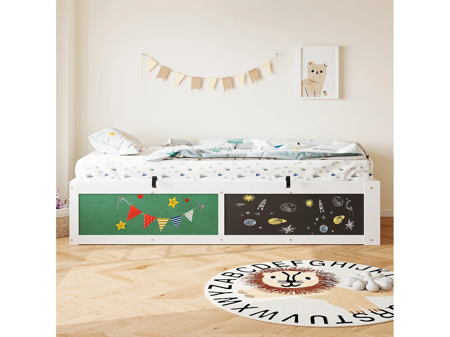 Kinderbett mit Stauraum 90x200 cm - mit einer Zeichentafel - Massivholz + MDF - weiß (Matratze nicht inbegriffen)