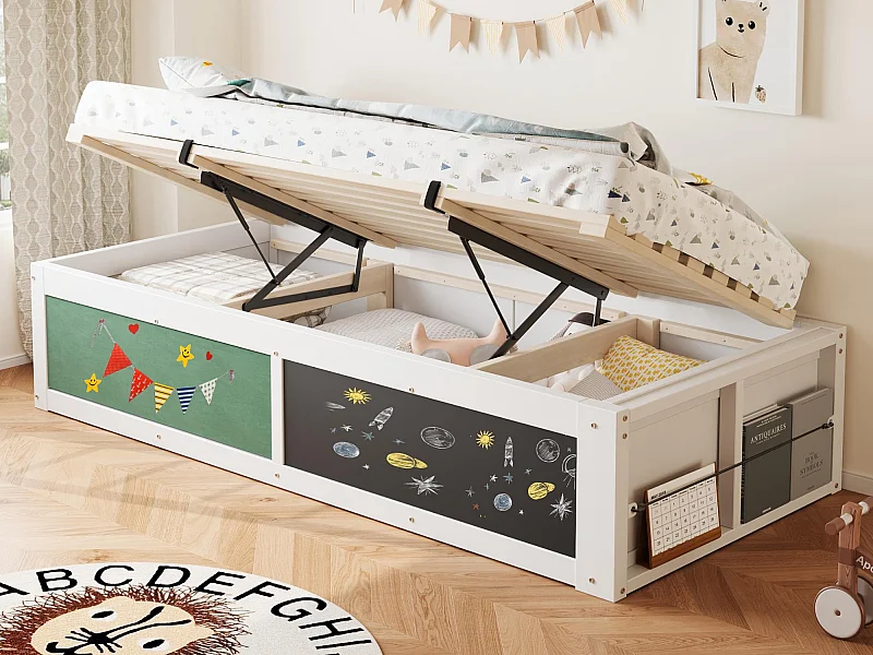 Kinderbett mit Stauraum 90x200 cm - mit einer Zeichentafel - Massivholz + MDF - weiß (Matratze nicht inbegriffen)