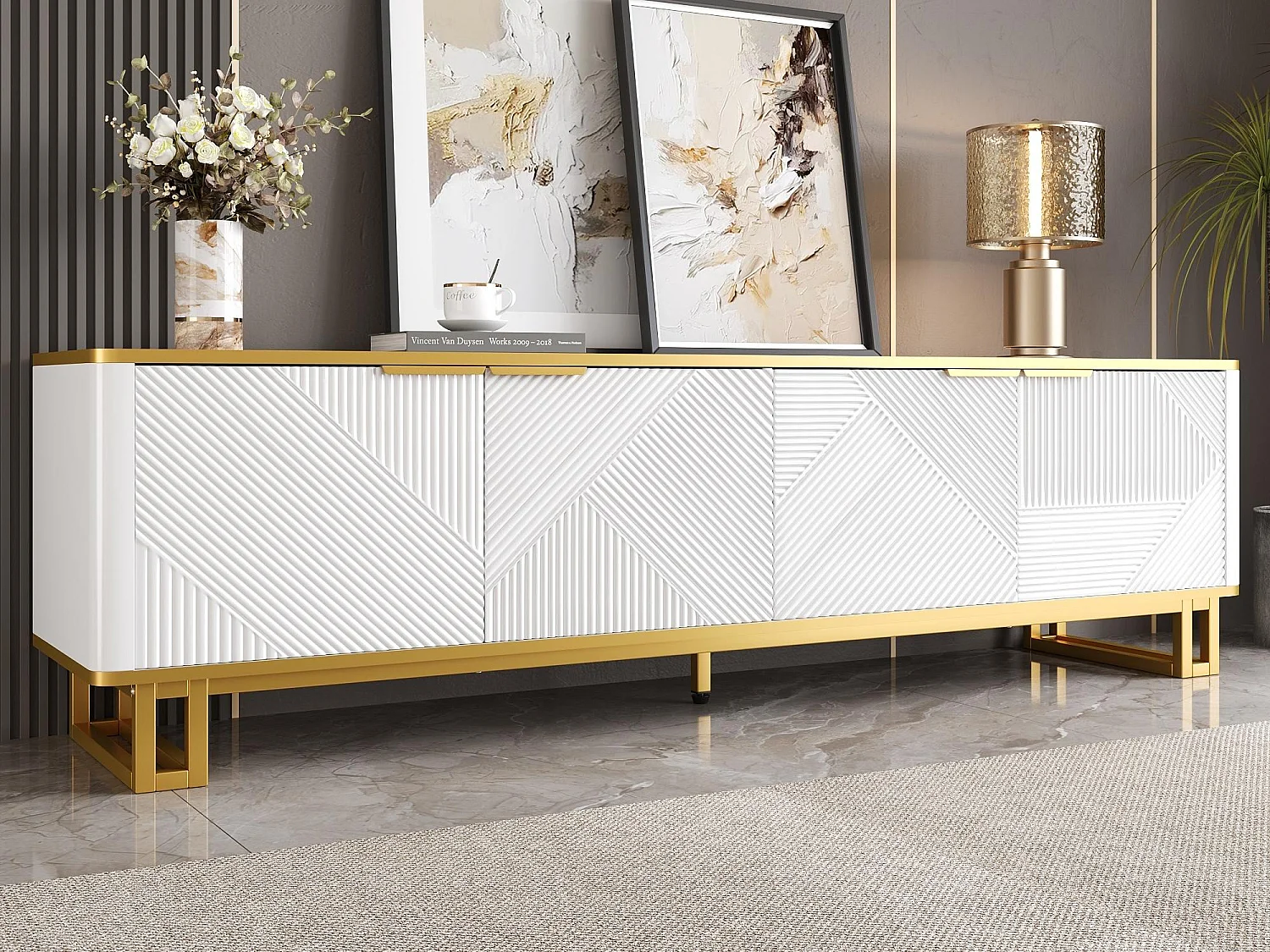 Meuble TV moderne 160x37,5x48 cm - avec 4 portes - Texture géométrique - MDF - Blanc + Doré