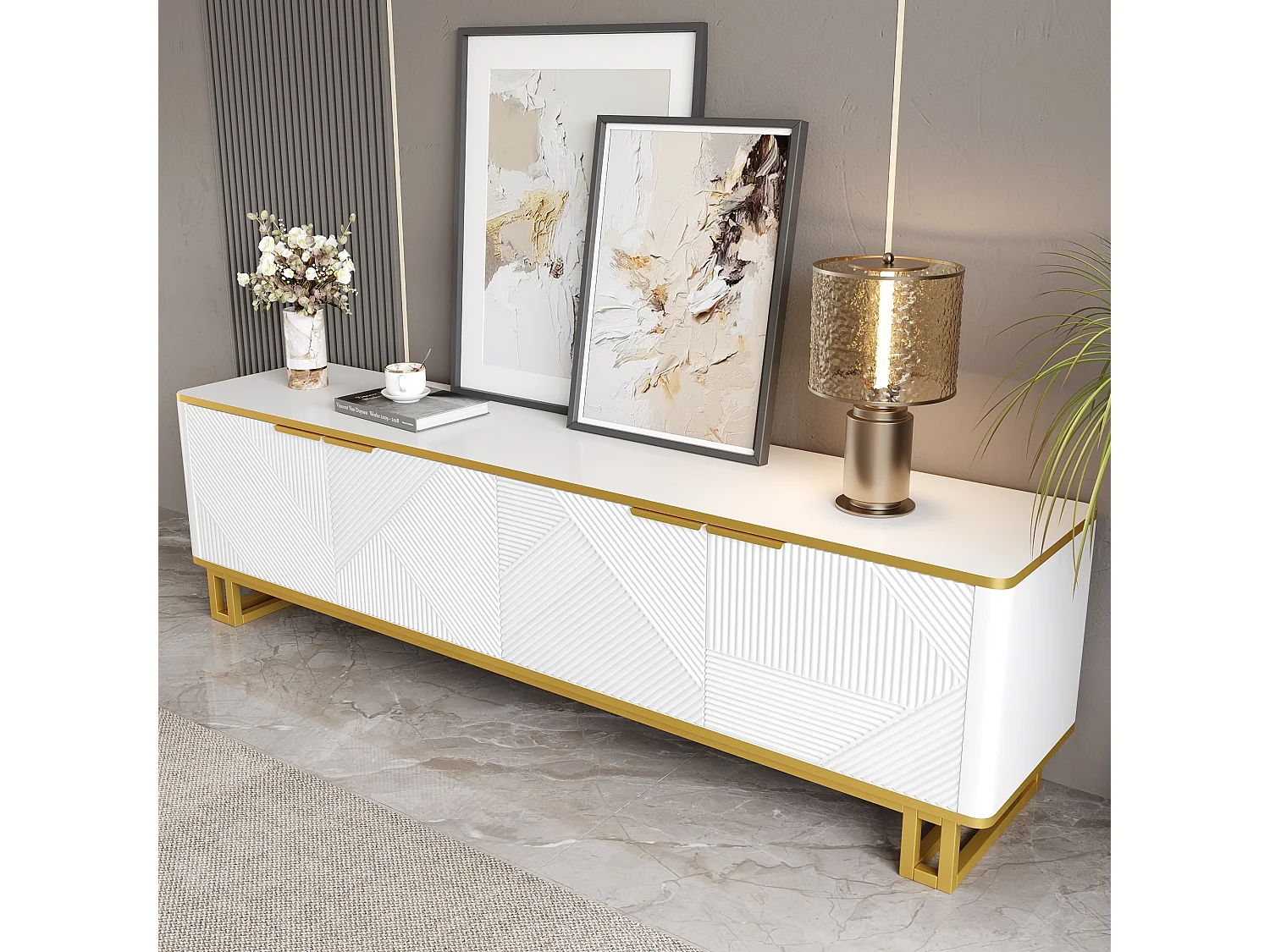 Meuble TV moderne 160x37,5x48 cm - avec 4 portes - Texture géométrique - MDF - Blanc + Doré