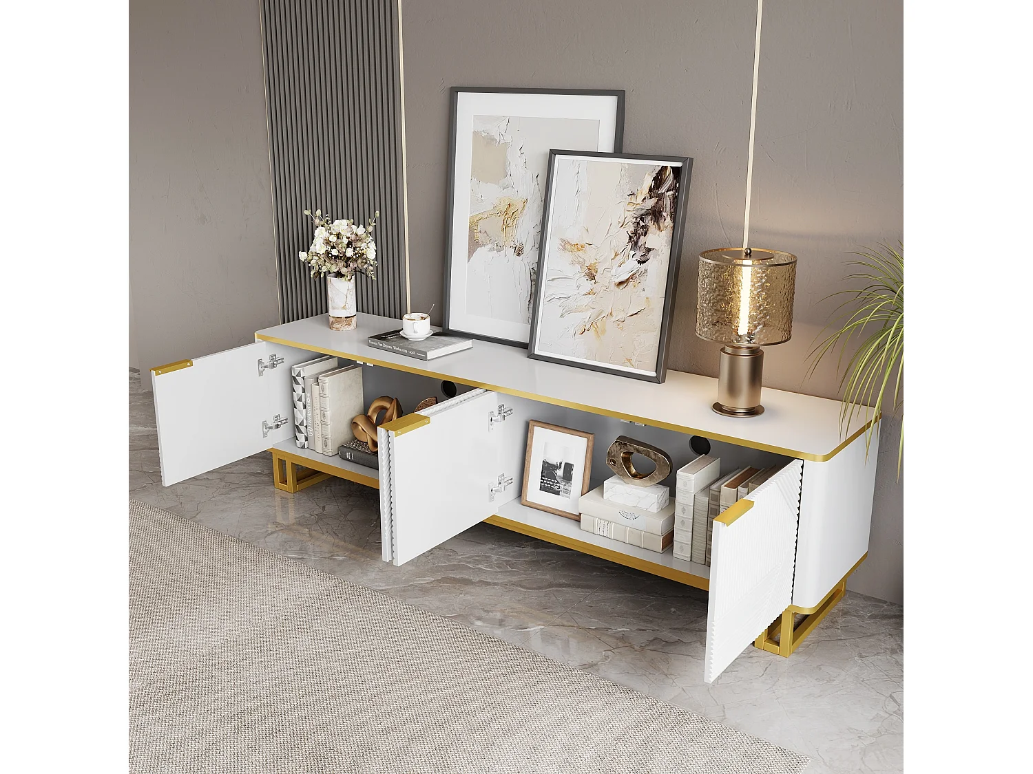 Meuble TV moderne 160x37,5x48 cm - avec 4 portes - Texture géométrique - MDF - Blanc + Doré