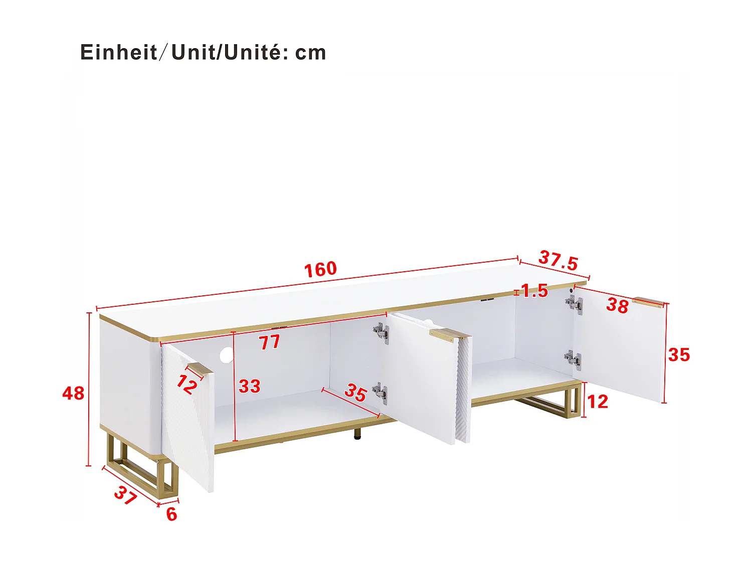 Meuble TV moderne 160x37,5x48 cm - avec 4 portes - Texture géométrique - MDF - Blanc + Doré