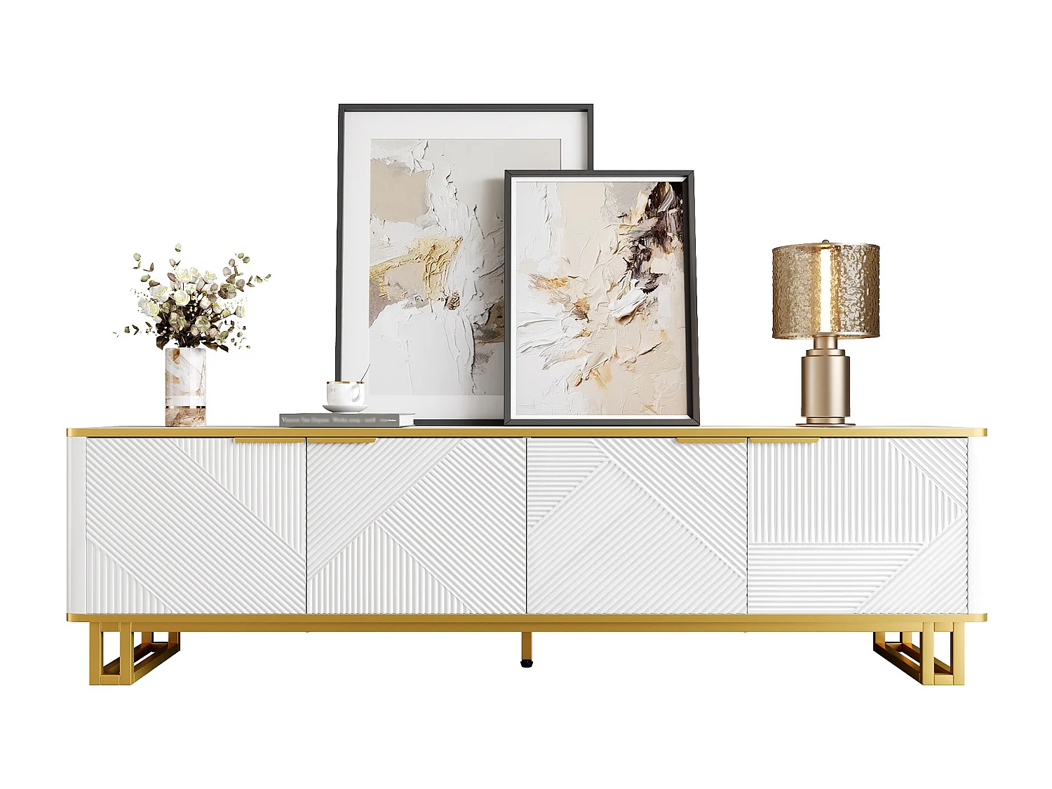 Meuble TV moderne 160x37,5x48 cm - avec 4 portes - Texture géométrique - MDF - Blanc + Doré