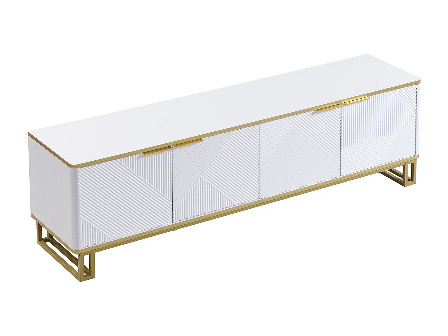 Meuble TV moderne 160x37,5x48 cm - avec 4 portes - Texture géométrique - MDF - Blanc + Doré