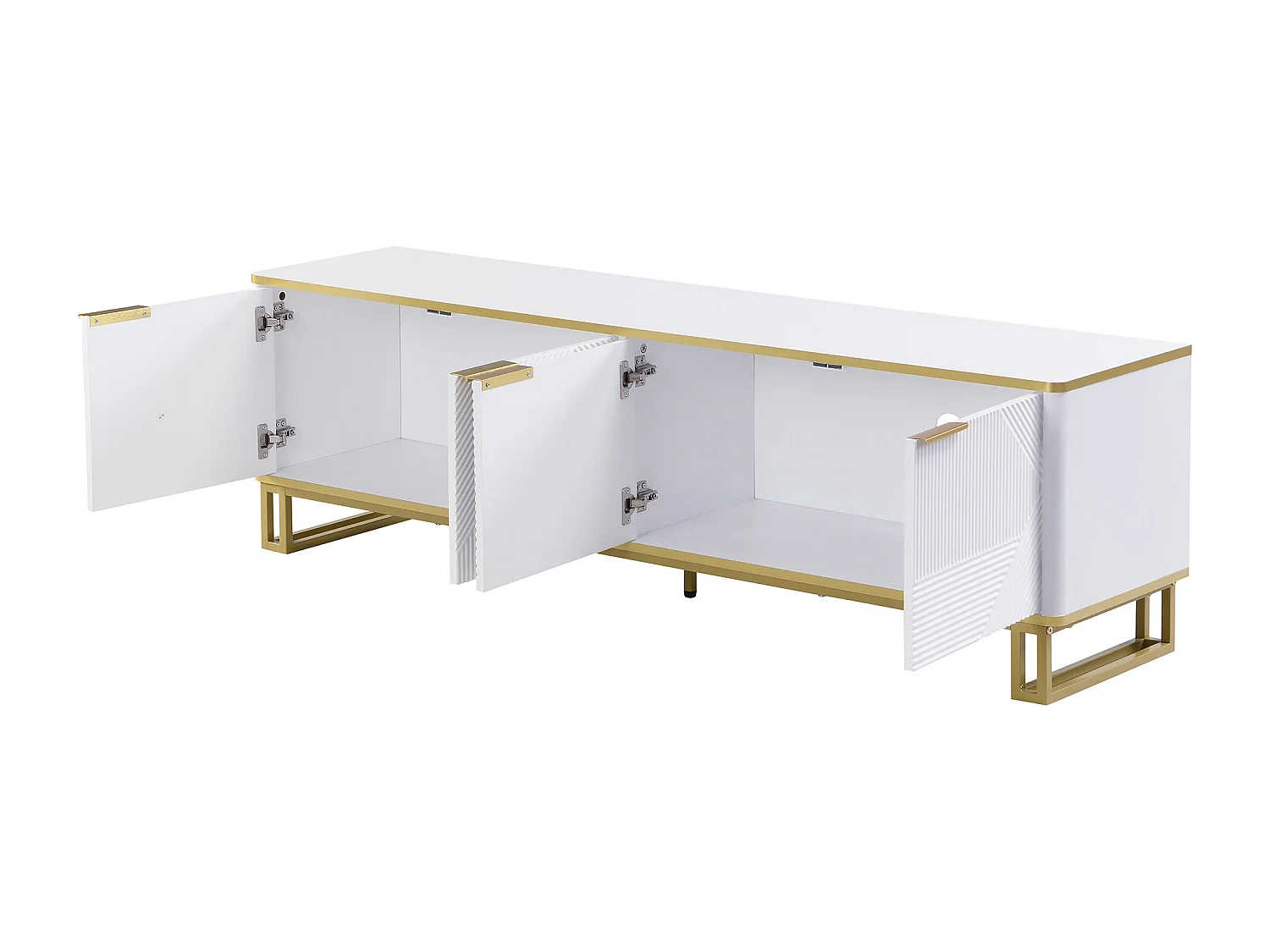 Meuble TV moderne 160x37,5x48 cm - avec 4 portes - Texture géométrique - MDF - Blanc + Doré