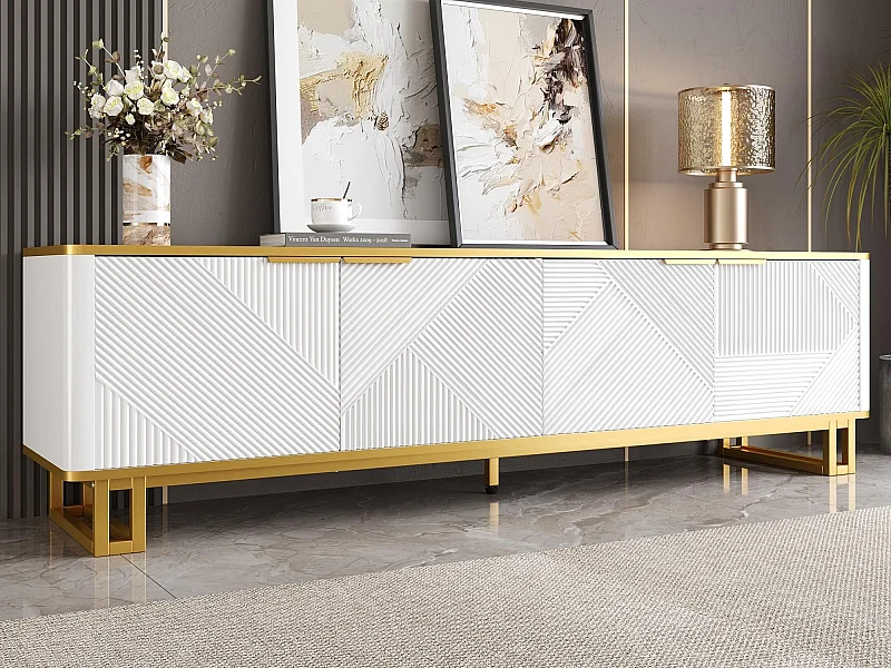 Moderner TV-Schrank 160x37,5x48 cm - mit 4 Türen - Geometrische Textur - MDF - Weiß + Gold