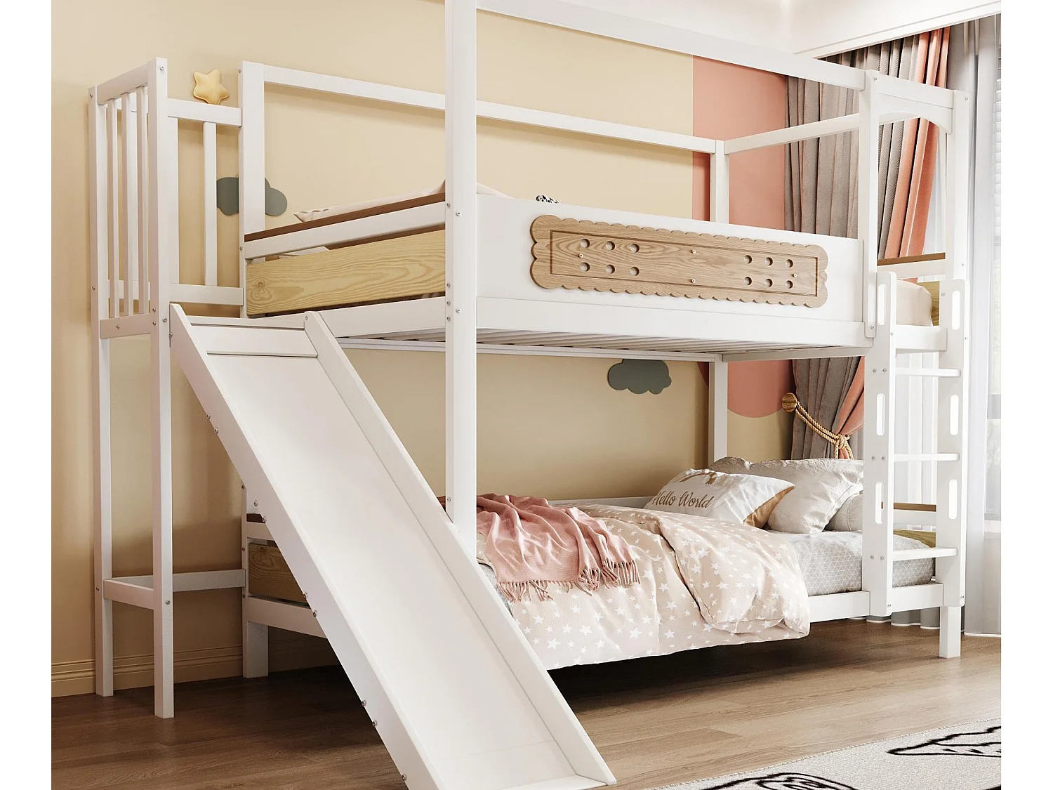 Lit superposé enfant 90x200 cm - avec barrières de sécurité - avec toboggan - blanc + naturel (matelas non inclus)