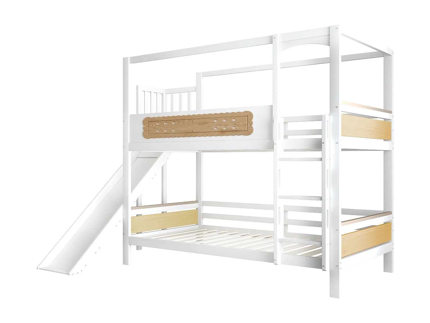 Lit superposé enfant 90x200 cm - avec barrières de sécurité - avec toboggan - blanc + naturel (matelas non inclus)