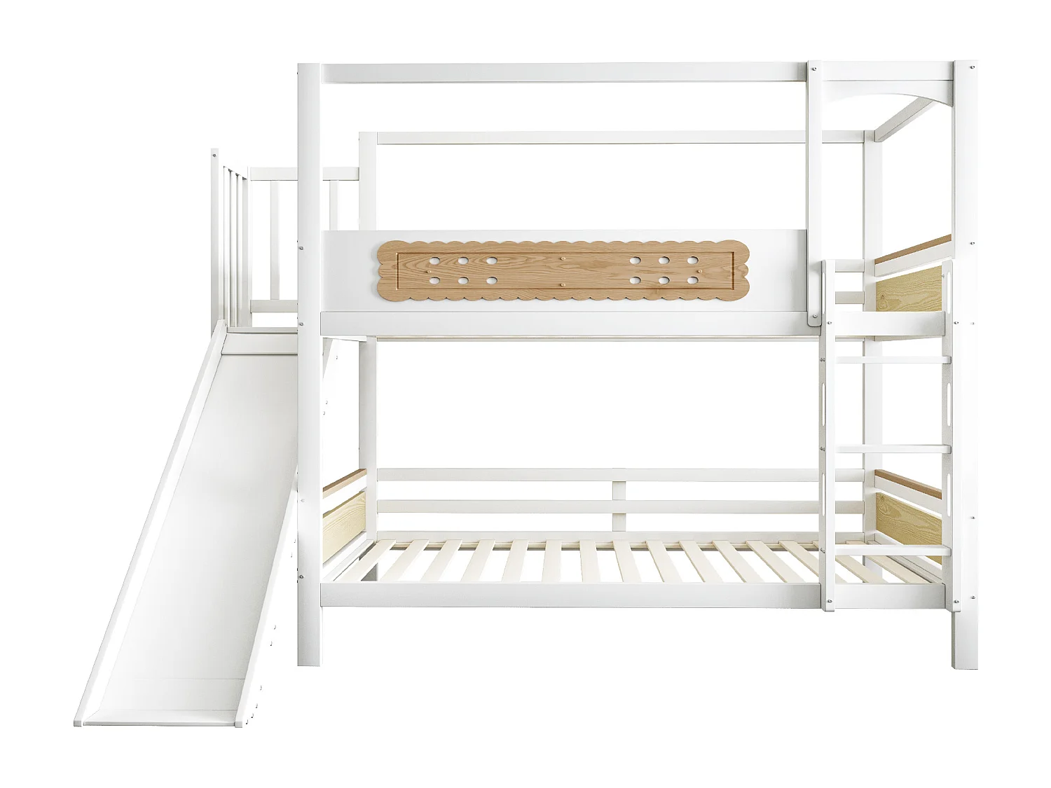 Lit superposé enfant 90x200 cm - avec barrières de sécurité - avec toboggan - blanc + naturel (matelas non inclus)